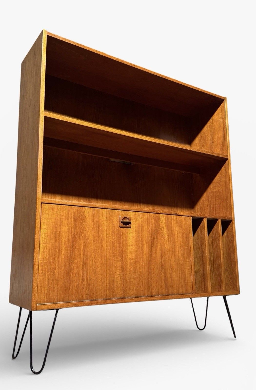Danish Poul Hundvead Teak Bookcase Record Cabinet Hair Pin Legs Retro C1970s