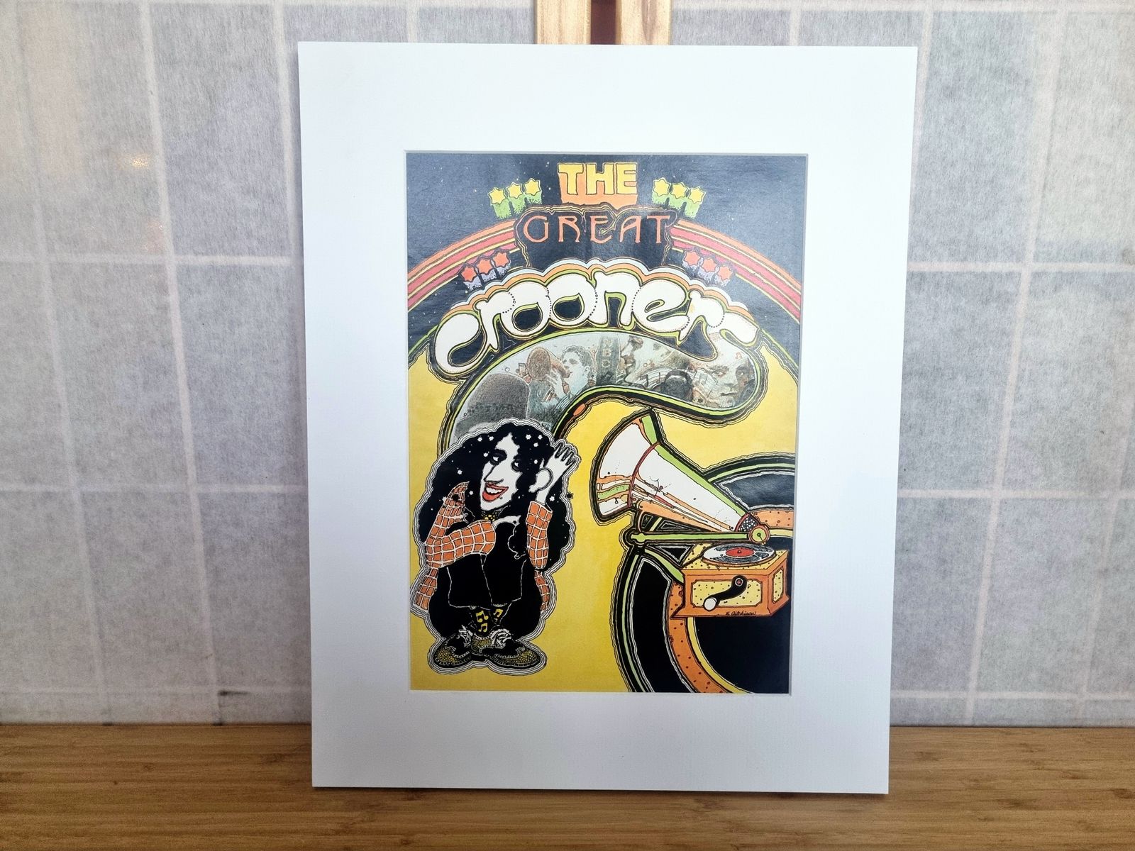Vintage Magazine Illustration Art Print, Ed Aitchison The Great Crooner Artwork, Psychedelic Music Scene Mounted photo 65.0