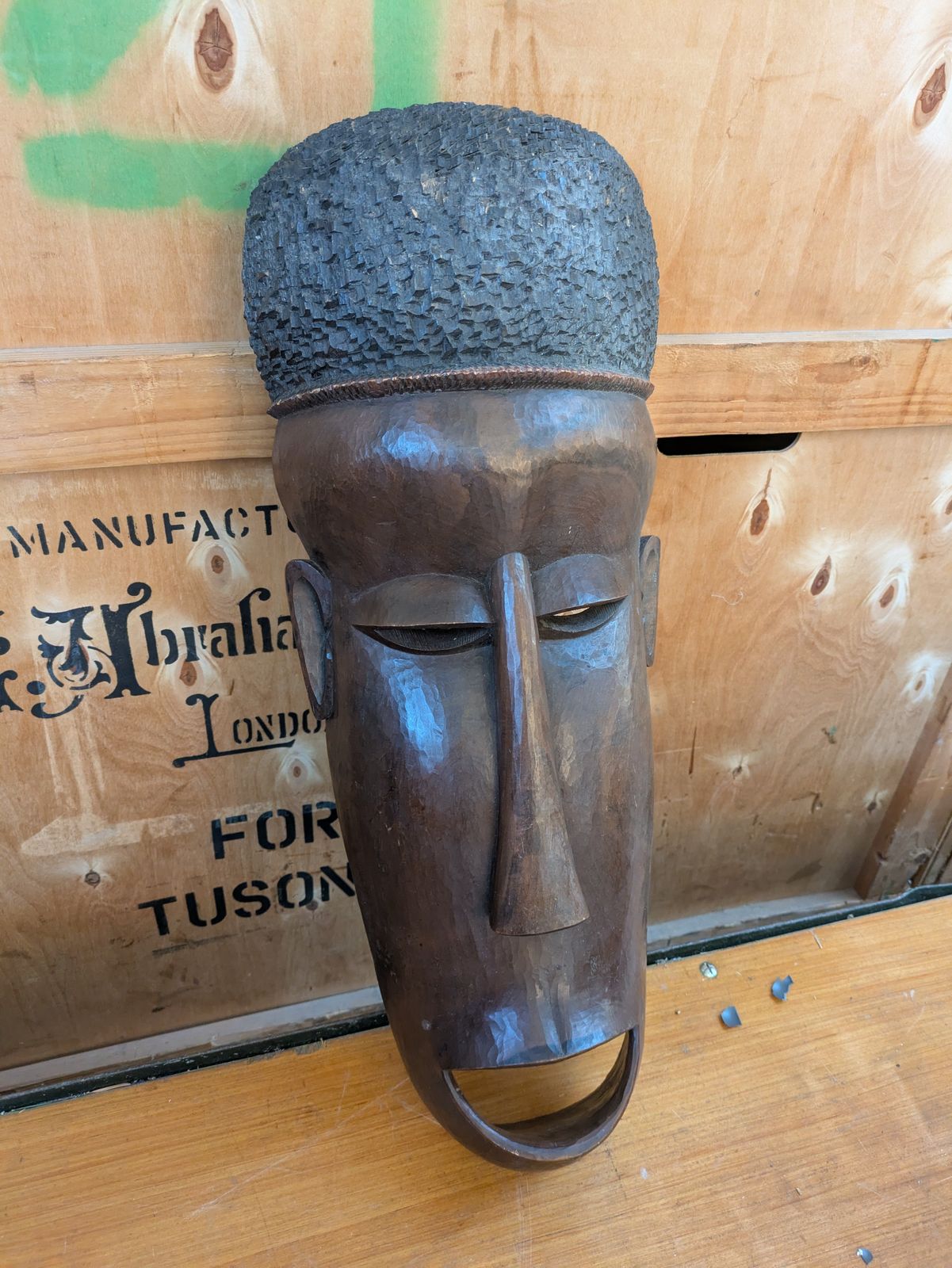 Vintage Hand Carved Makonde Hand Carved Tribal Ebony Wall Mounted Face Mask  65 X 25 X 12 From The Malde Collection