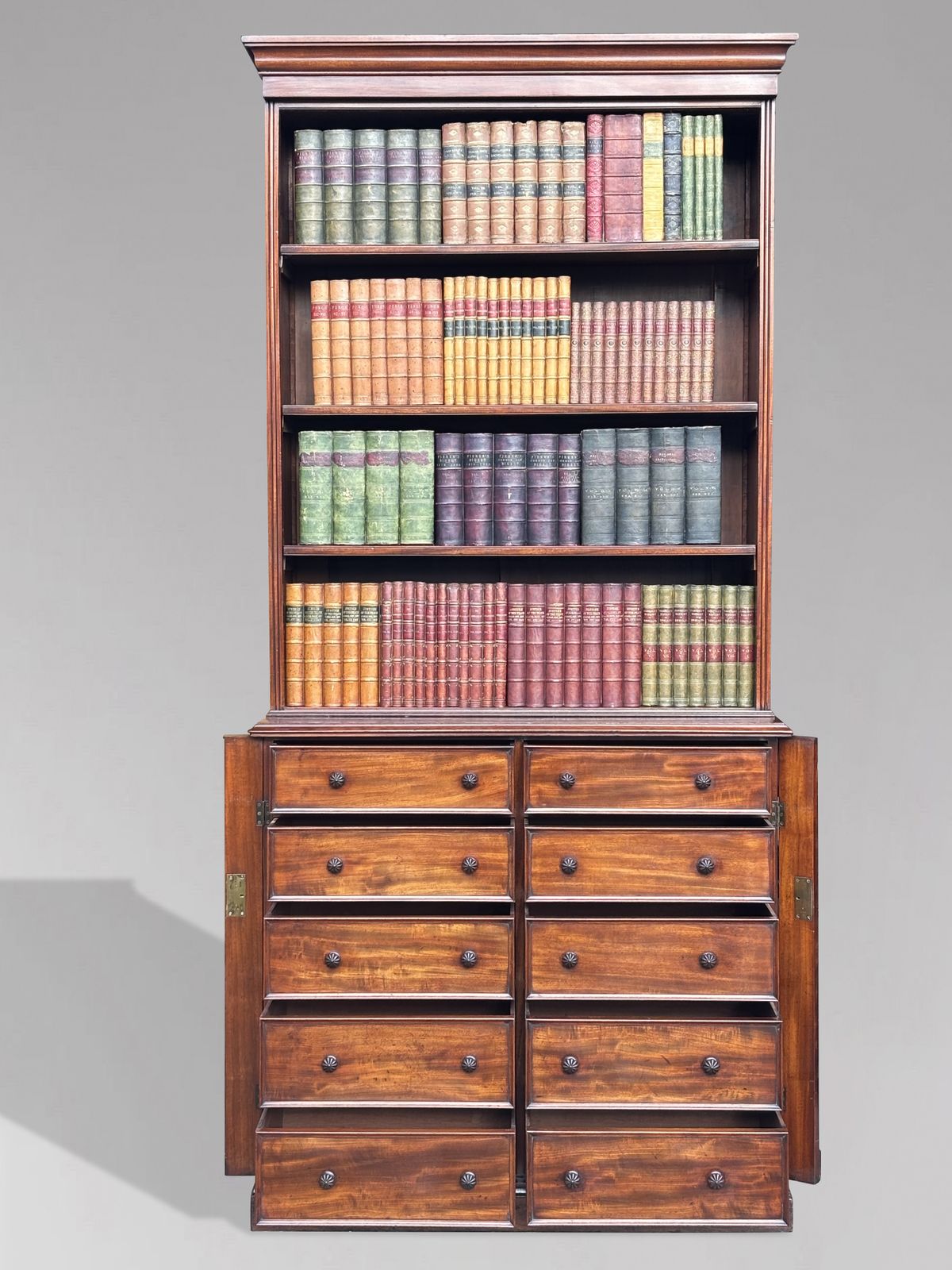 Furniture Early 19th Century Regency Period Tall Mahogany Wellington Base Open Library Bookcase photo