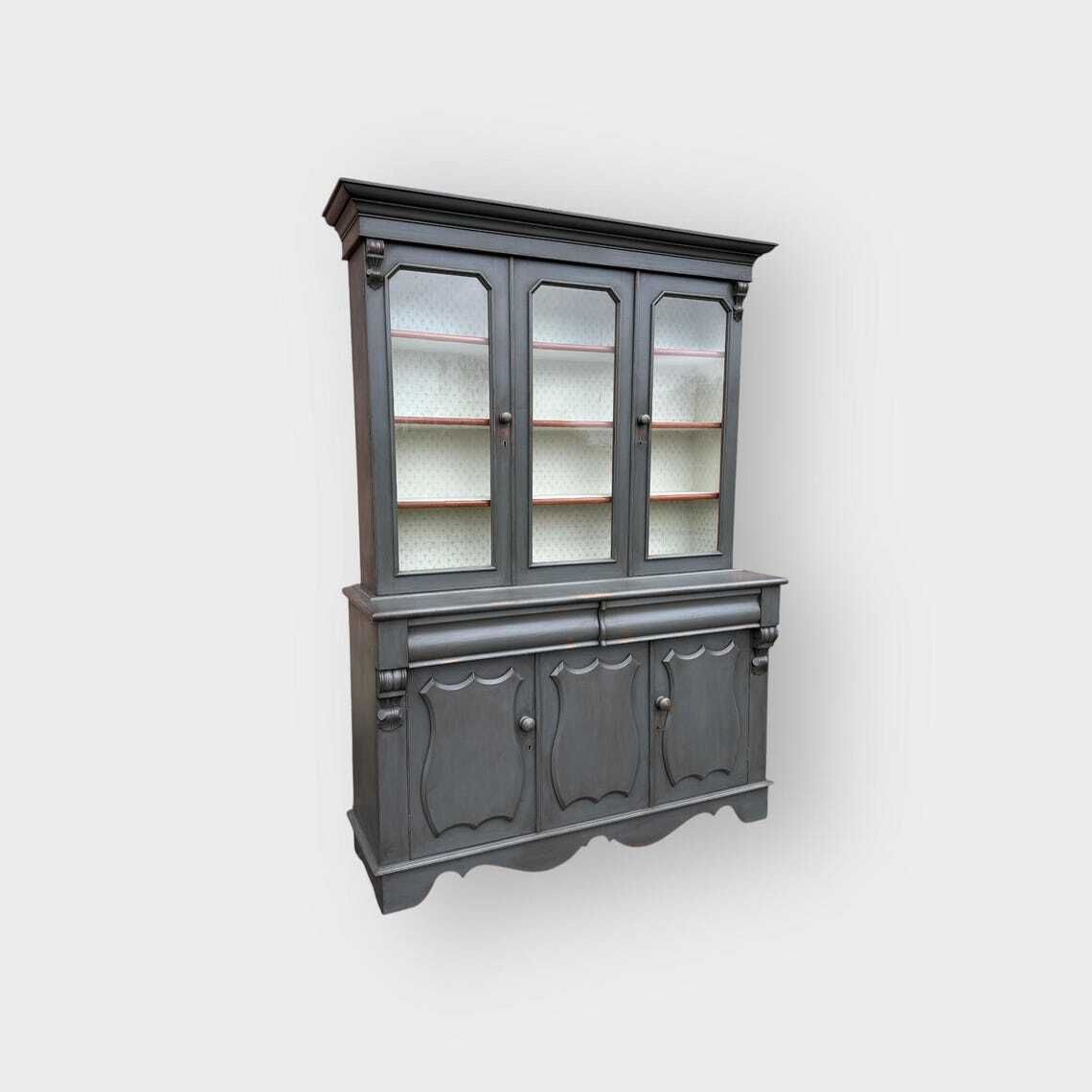 Antique Painted 3 Door Glazed Bookcase Cupboard Glazed Display Bookcase photo for sale