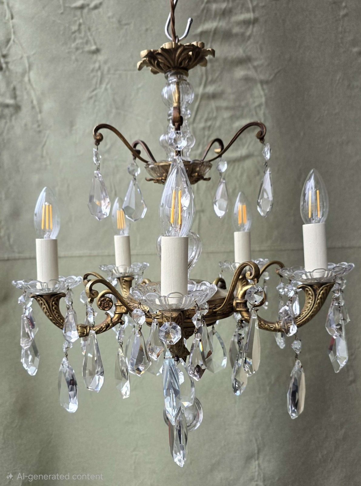 Vintage Brass & Crystal 5 Arm Chandelier – Mid Century European Design