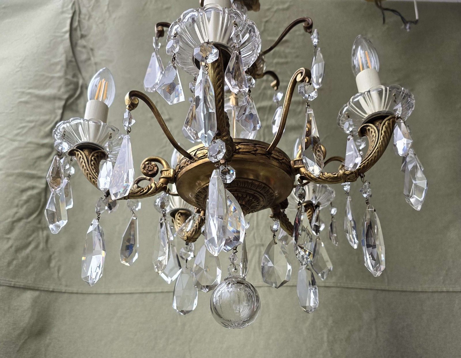 Vintage Brass & Crystal 5 Arm Chandelier – Mid Century European Design photo furniture