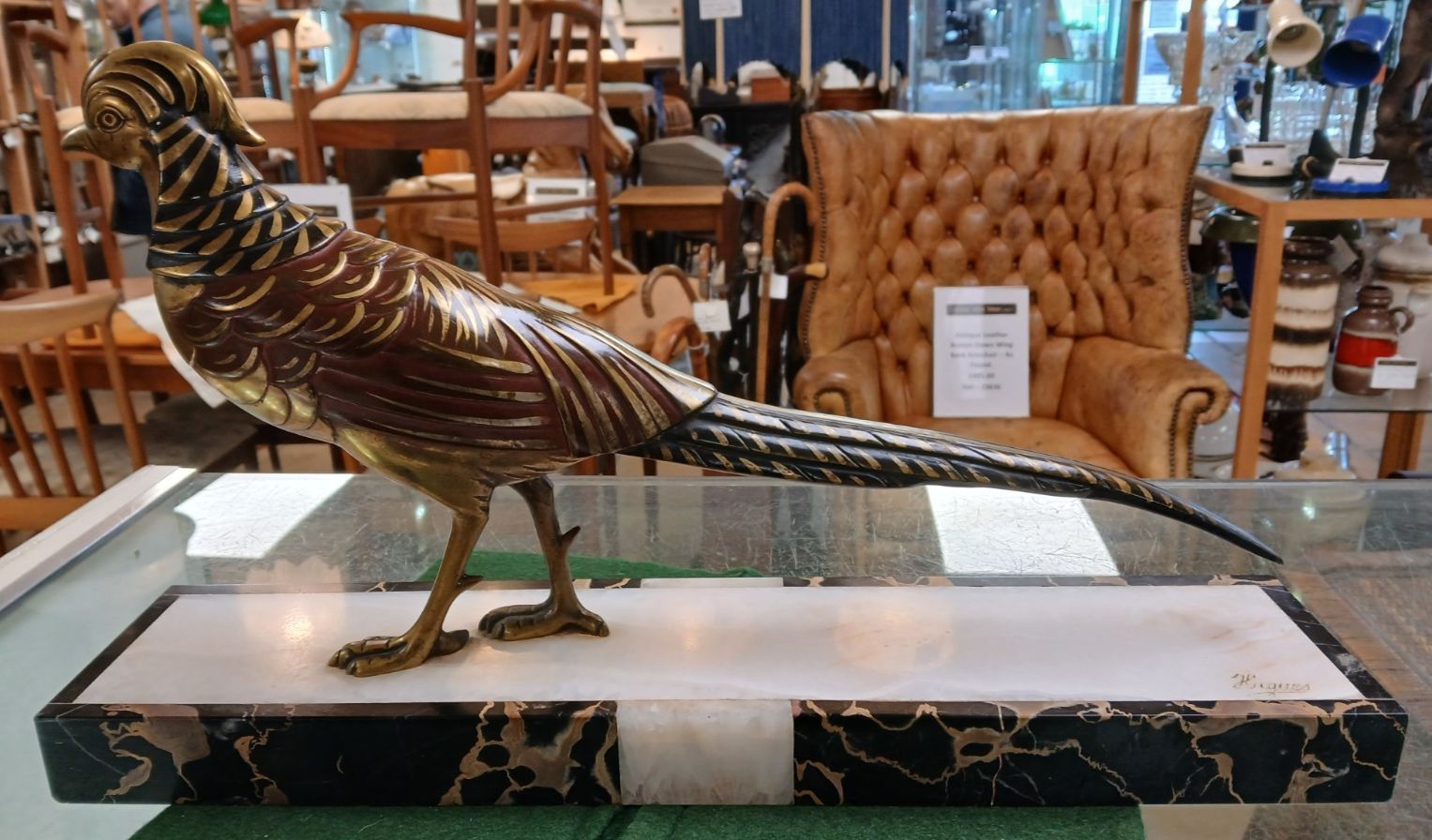 Art Deco Cold Painted Bronze Pheasant On Onyx & Marble Base Jean Baptiste Hughes