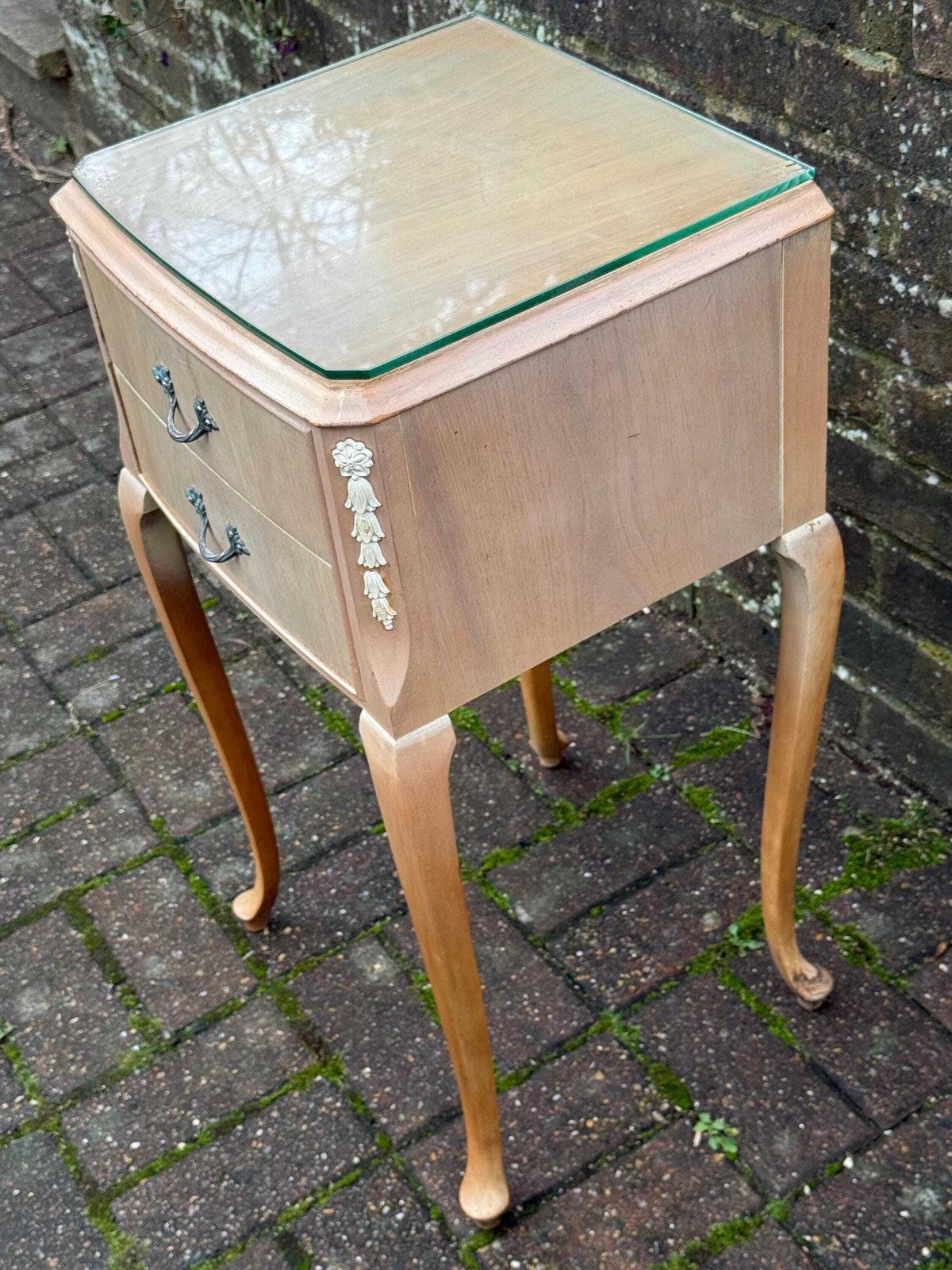 Vintage French Style 1950s Bedside Table With Glass Top And Two Drawers – Elegant Furniture Bedside Drawers photo for sale