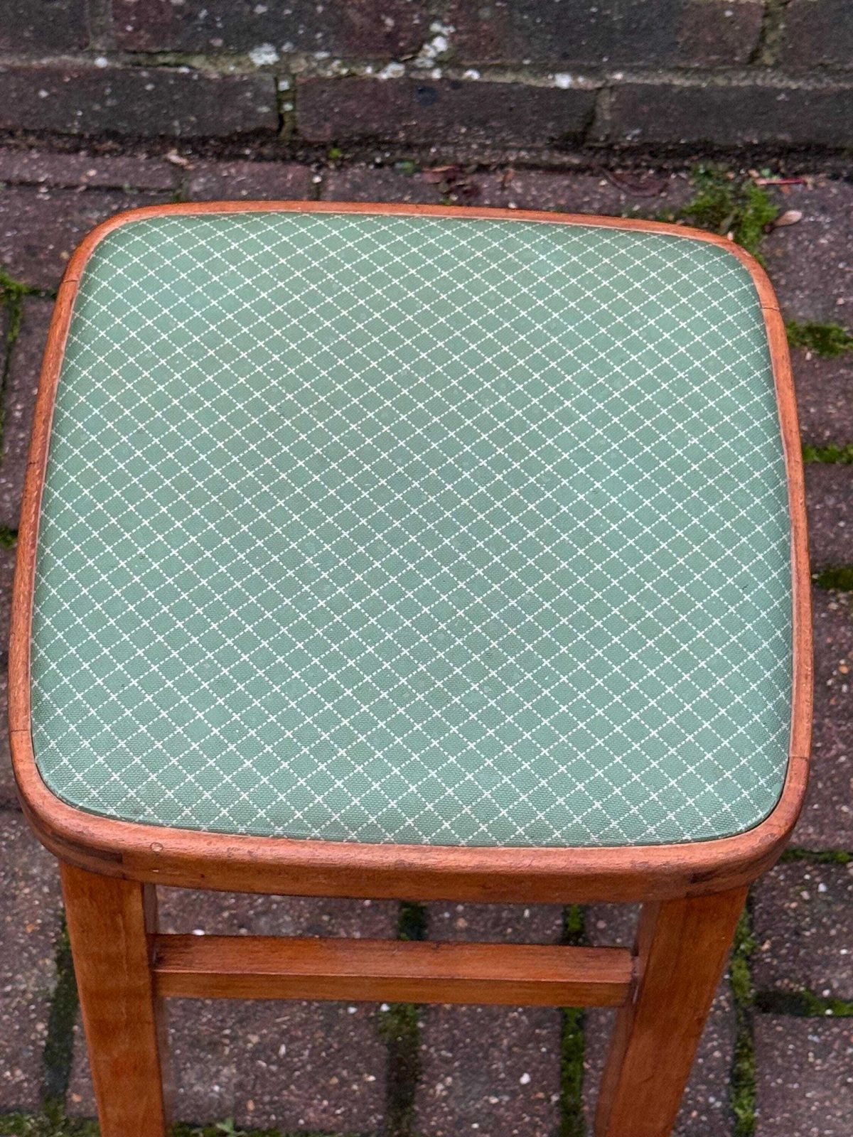 Vintage Wooden Green Vinyl Upholstered Stool 1950s–1970s Mid Century Utility Kitchen Stool photo 135.0