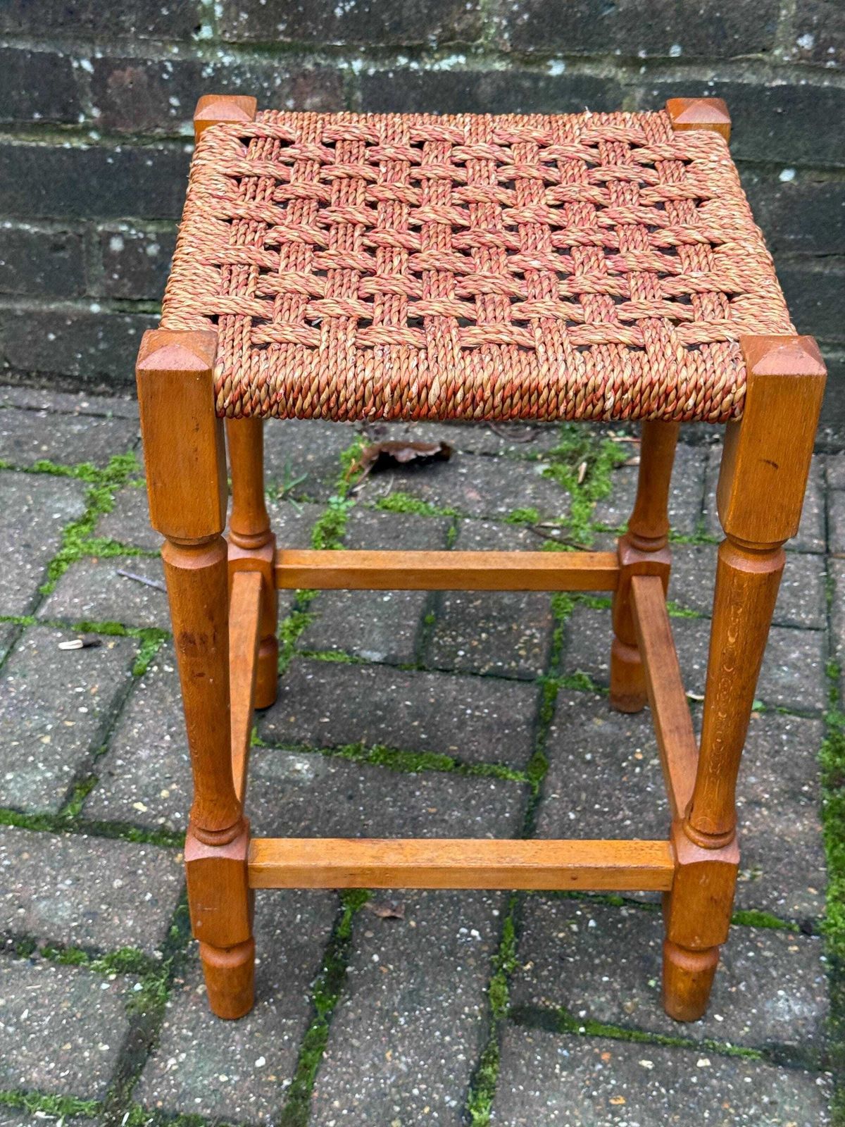 Vintage String Seat Stool 1970s 1980s Country Cottage Wooden Footstool photo for sale