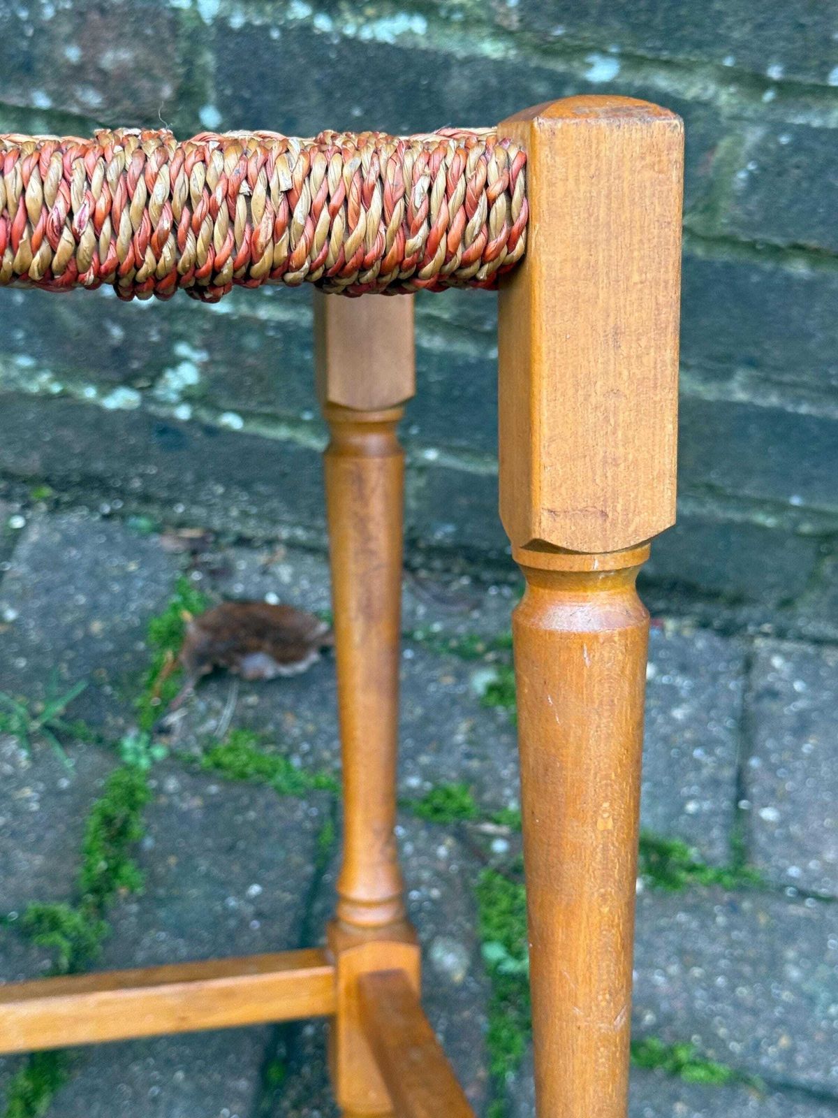photo furniture Vintage String Seat Stool 1970s 1980s Country Cottage Wooden Footstool