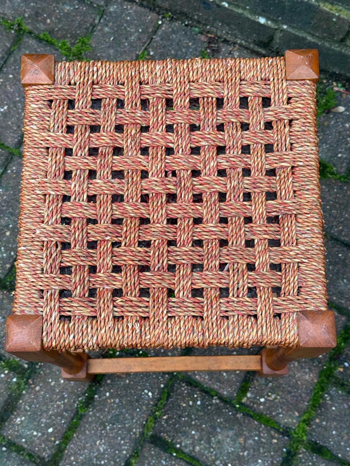 photo vintage Vintage String Seat Stool 1970s 1980s Country Cottage Wooden Footstool