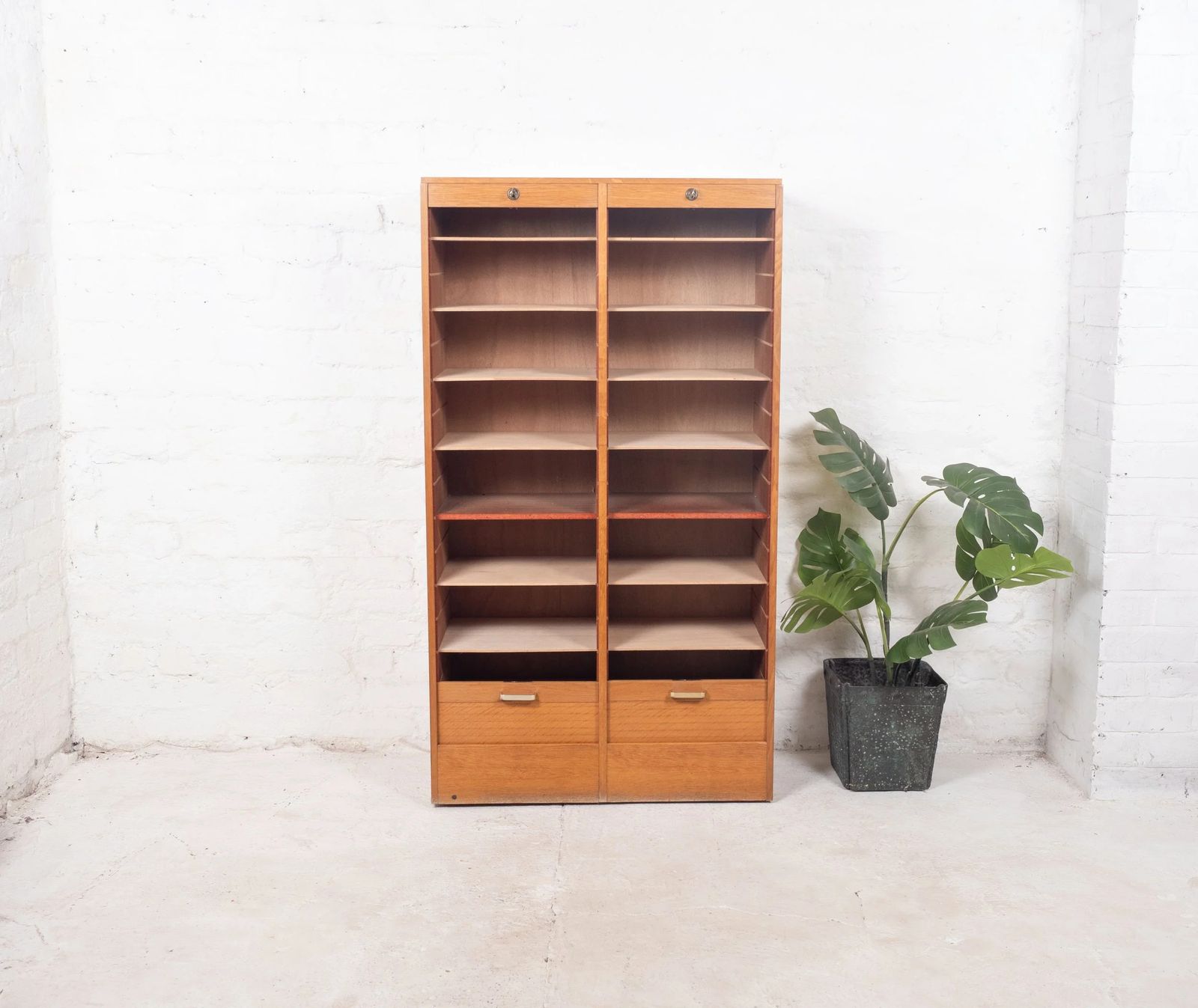 Mid Century French Oak Twin Door Tambour Cabinet photo furniture