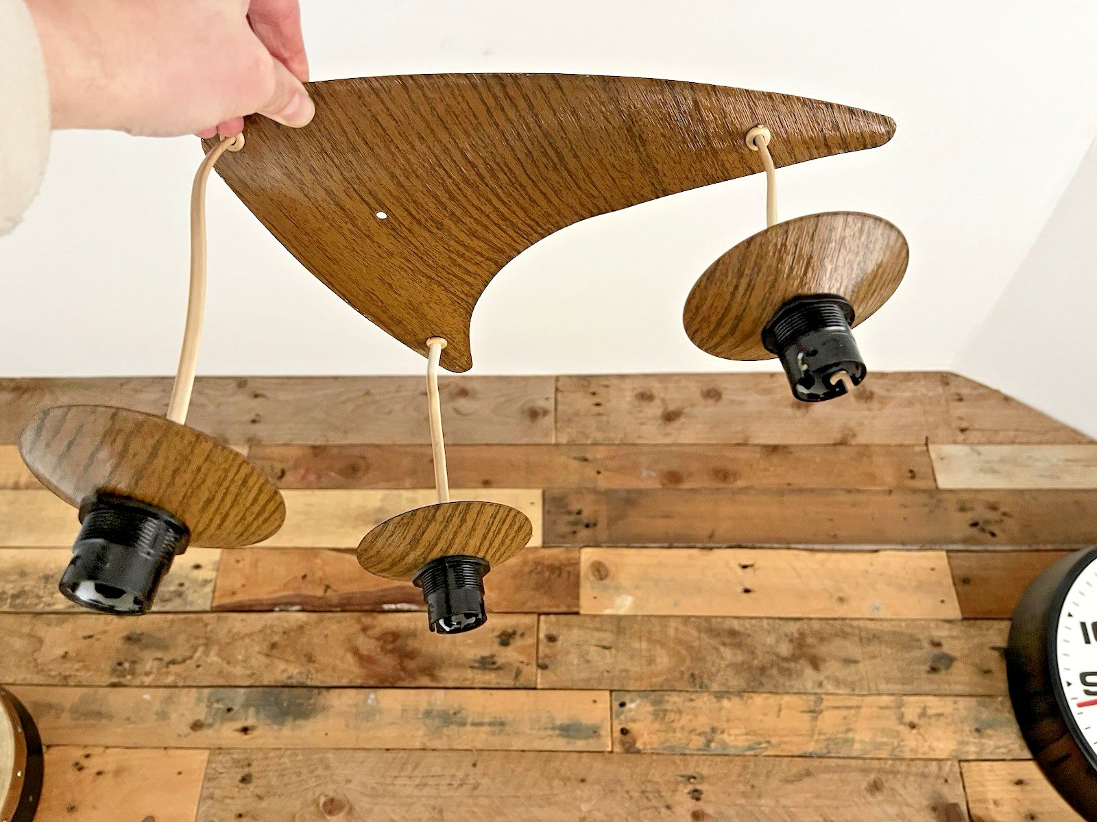 Mid Century Modern 60's Scandi Danish Faux Teak Wood Boomerang 3 Ceiling Light photo Lighting