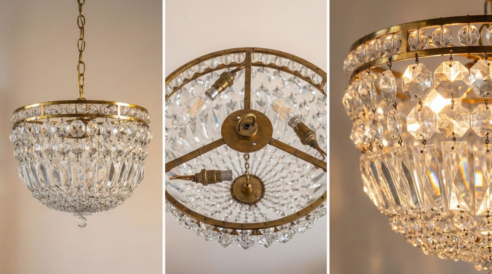 Vintage Brass & Crystal/Glass "Empire" Bag Chandelier – 3 Light With Coffin Drops photo furniture