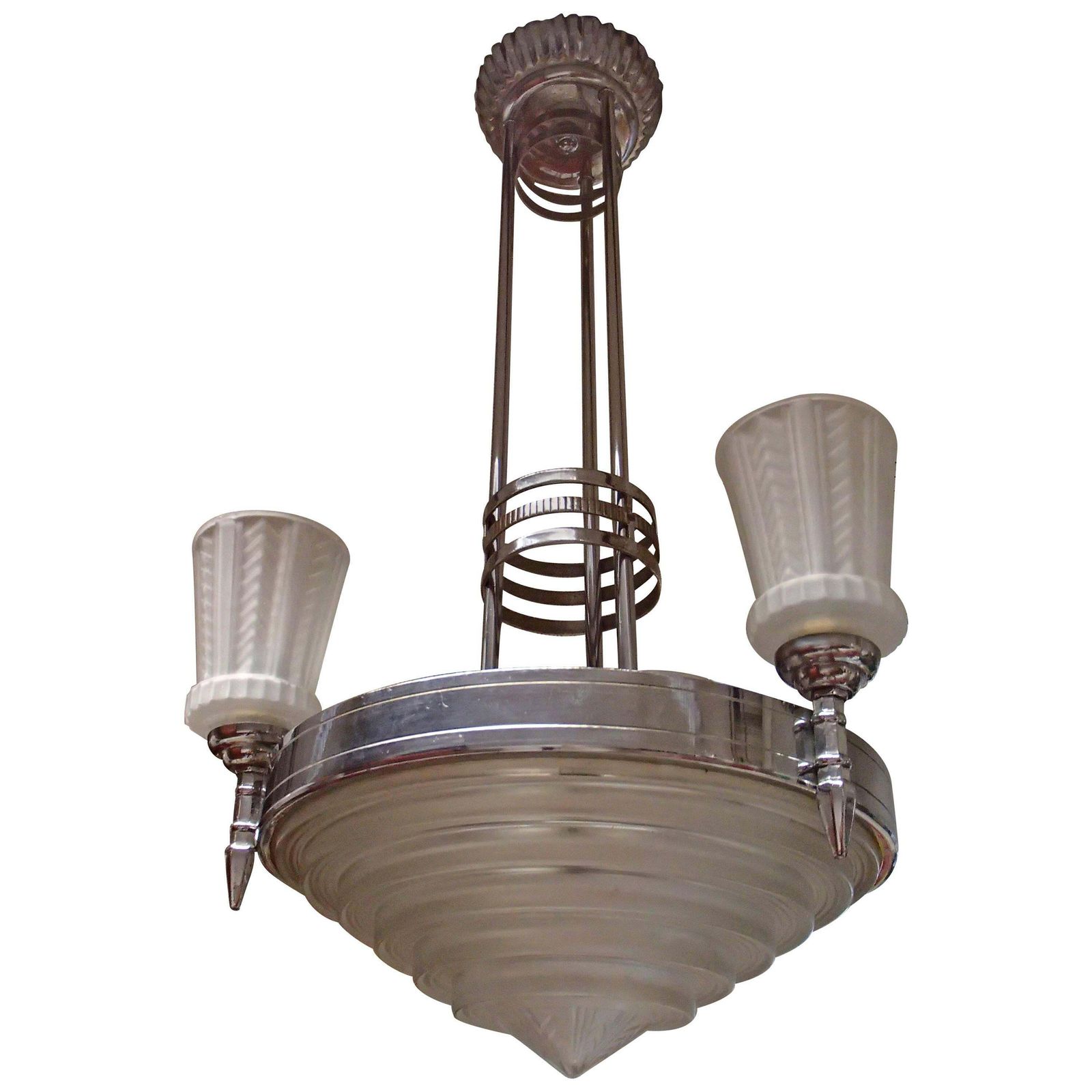 1930 Chandelier By G. Leleu Chromed Brass Stained Glass
