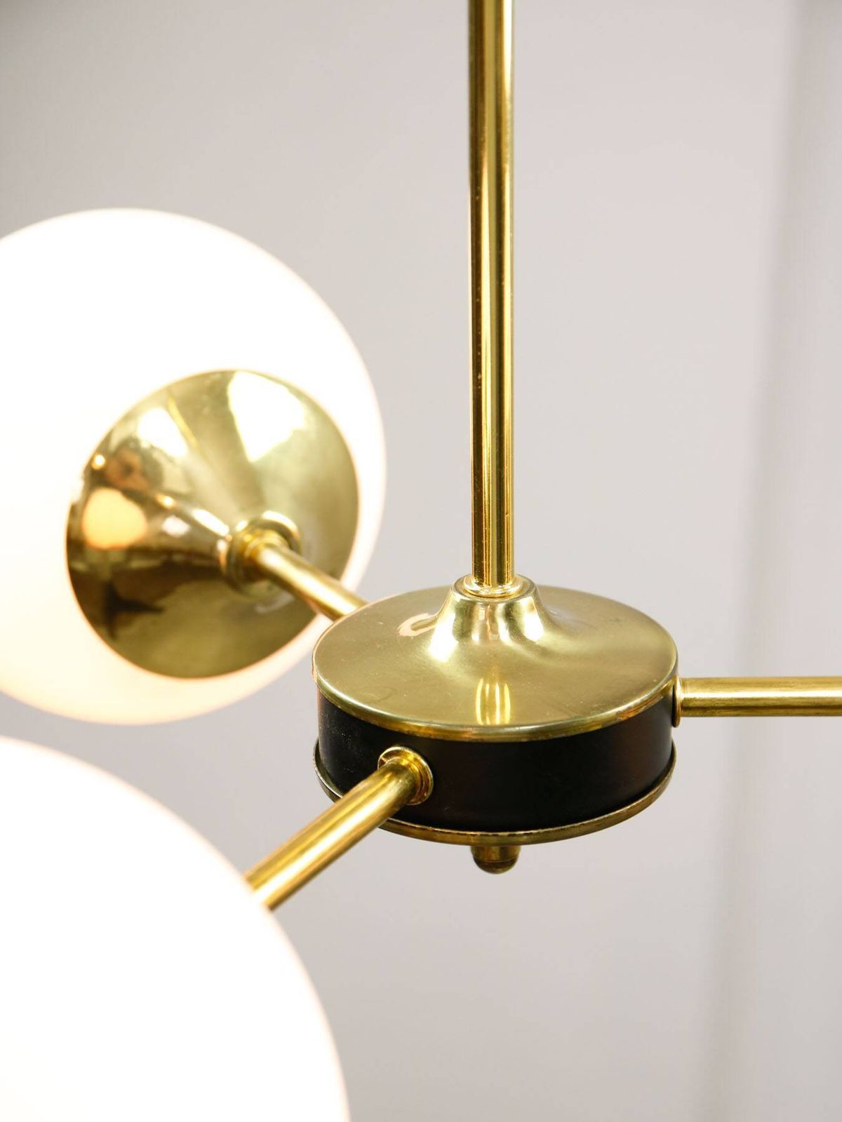photo for sale Mid Century Modern Italian Chandelier In Brass And Opaline Glass, 1960s.