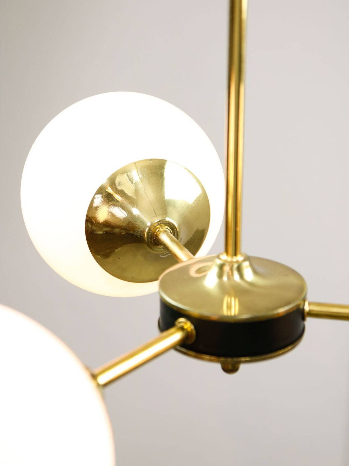 Lighting Mid Century Modern Italian Chandelier In Brass And Opaline Glass, 1960s. photo