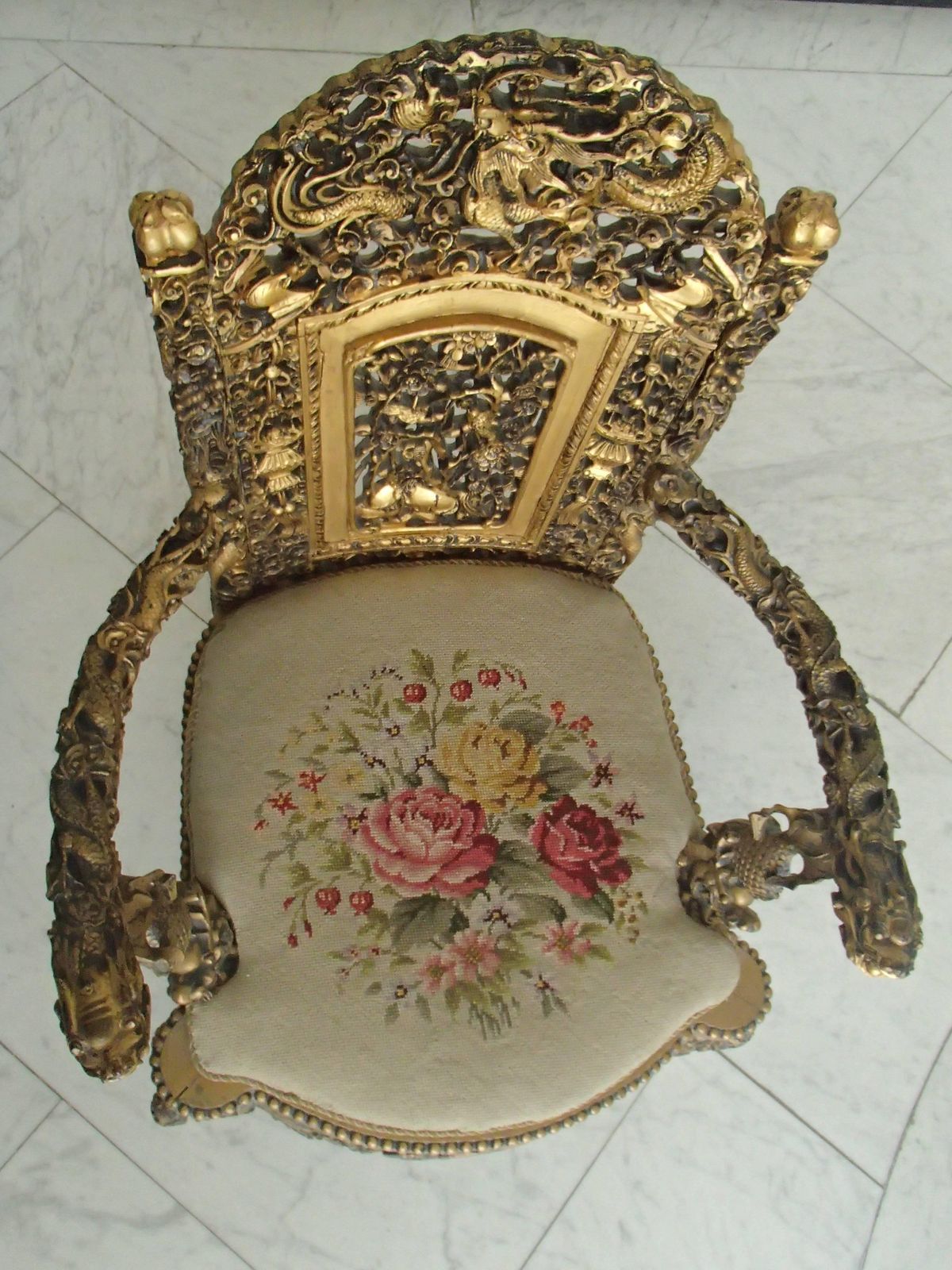 1930 Chinese Armchair Sculpted And Gold Plated With Goblin photo furniture