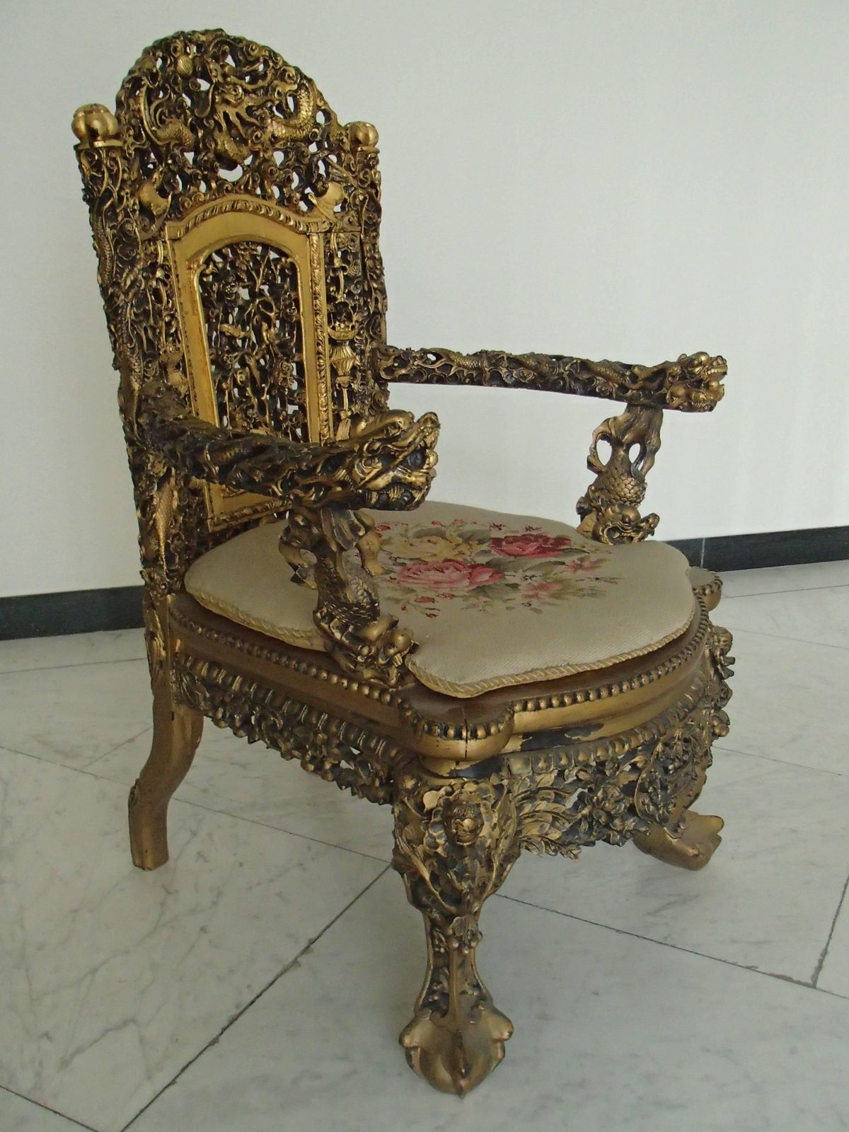 1930 Chinese Armchair Sculpted And Gold Plated With Goblin photo Furniture