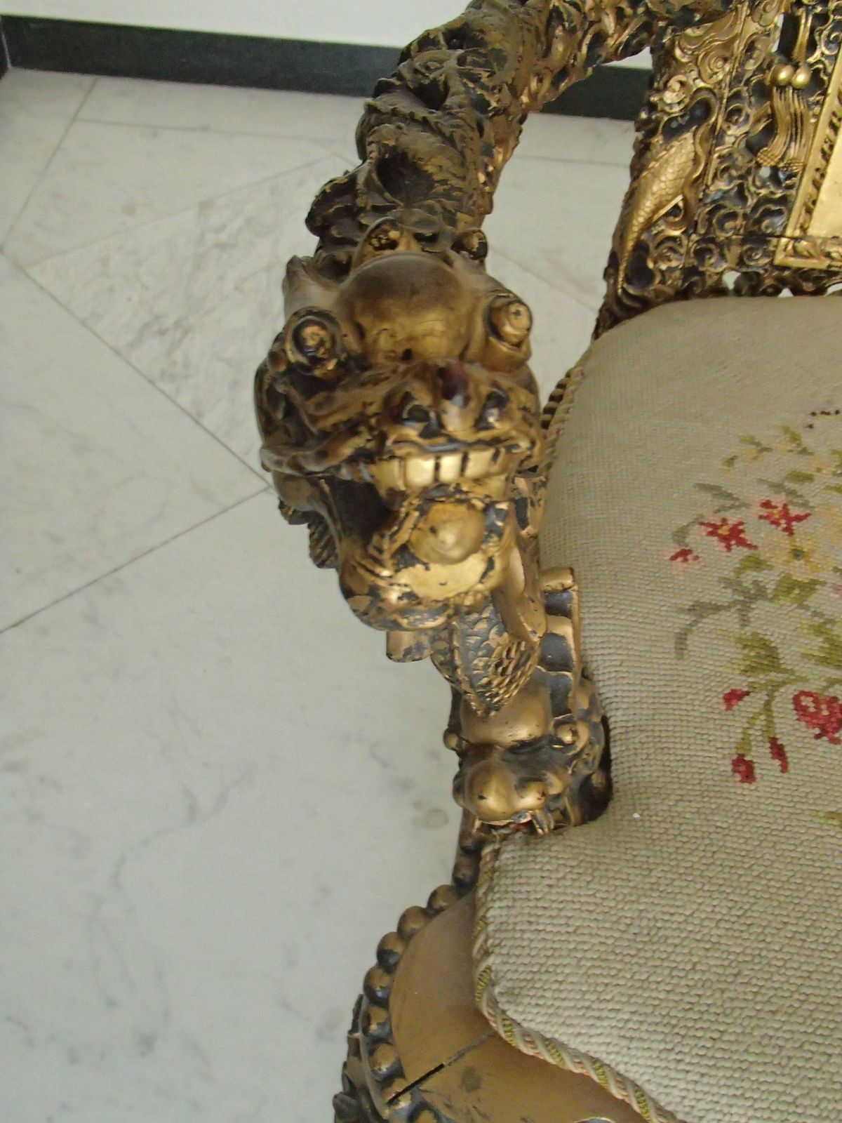 1930 Chinese Armchair Sculpted And Gold Plated With Goblin photo vinterior