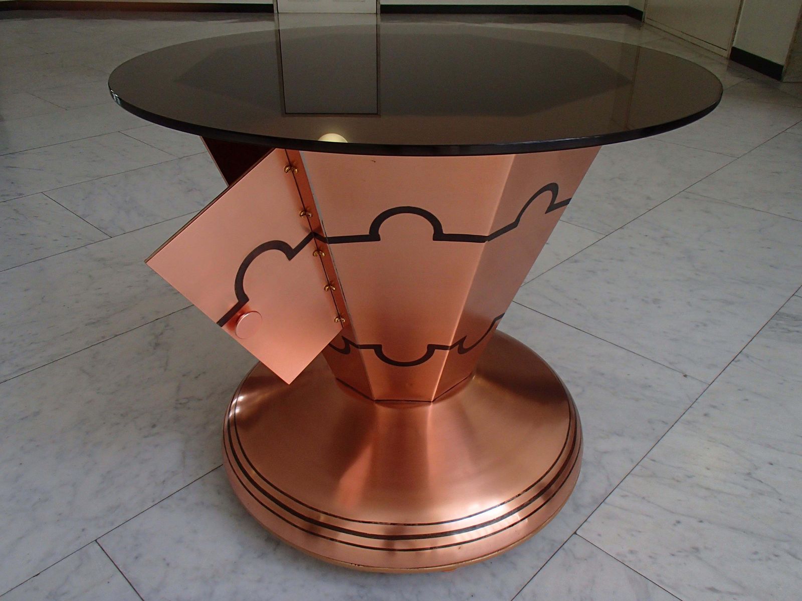 Furniture Art Deco Copper Bar Table On Wheels With Turnable Tray Inside And Glass Top photo