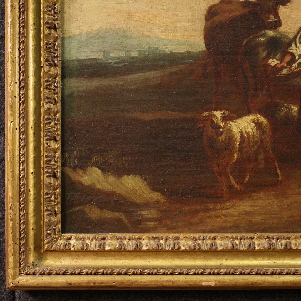 17th Century Bucolic Landscape Painting With Figures, Pastoral Scene photo for sale