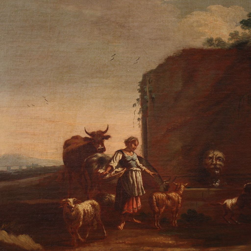 photo vinterior 17th Century Bucolic Landscape Painting With Figures, Pastoral Scene