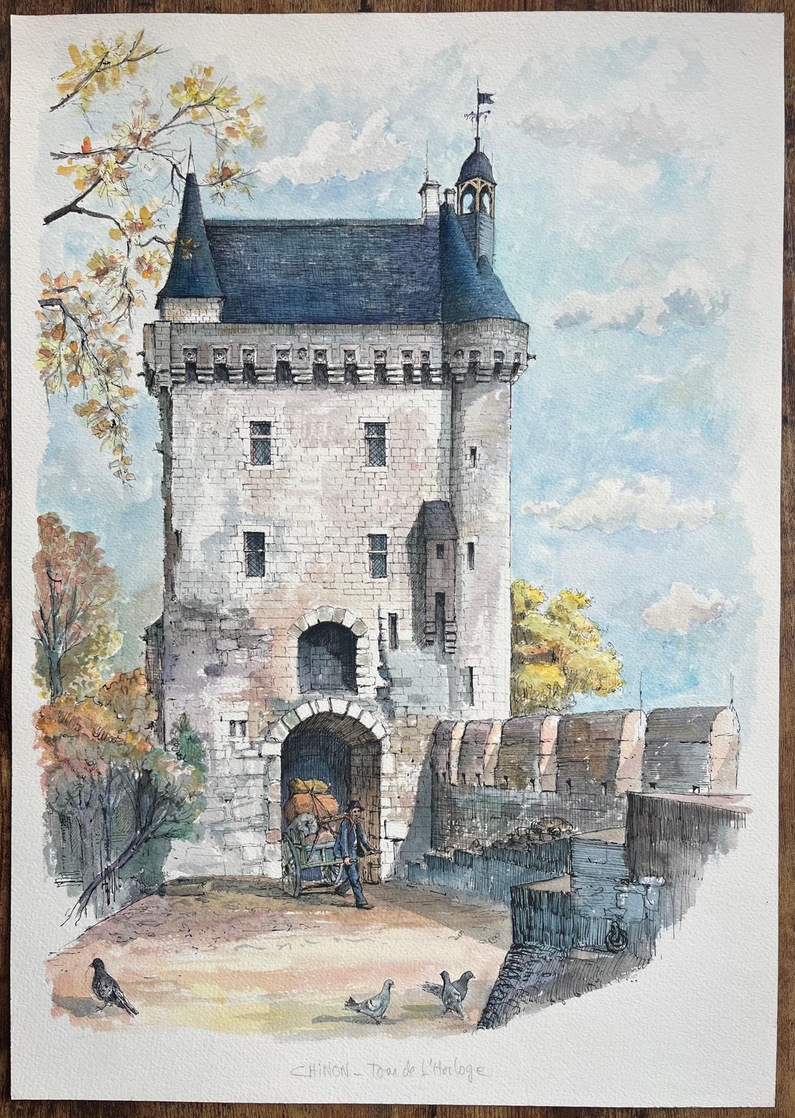 Robert Lepine (1929   2017) French Watercolor Of Chinon: Tour De L'horloge With Cart Figure 20th Century photo furniture