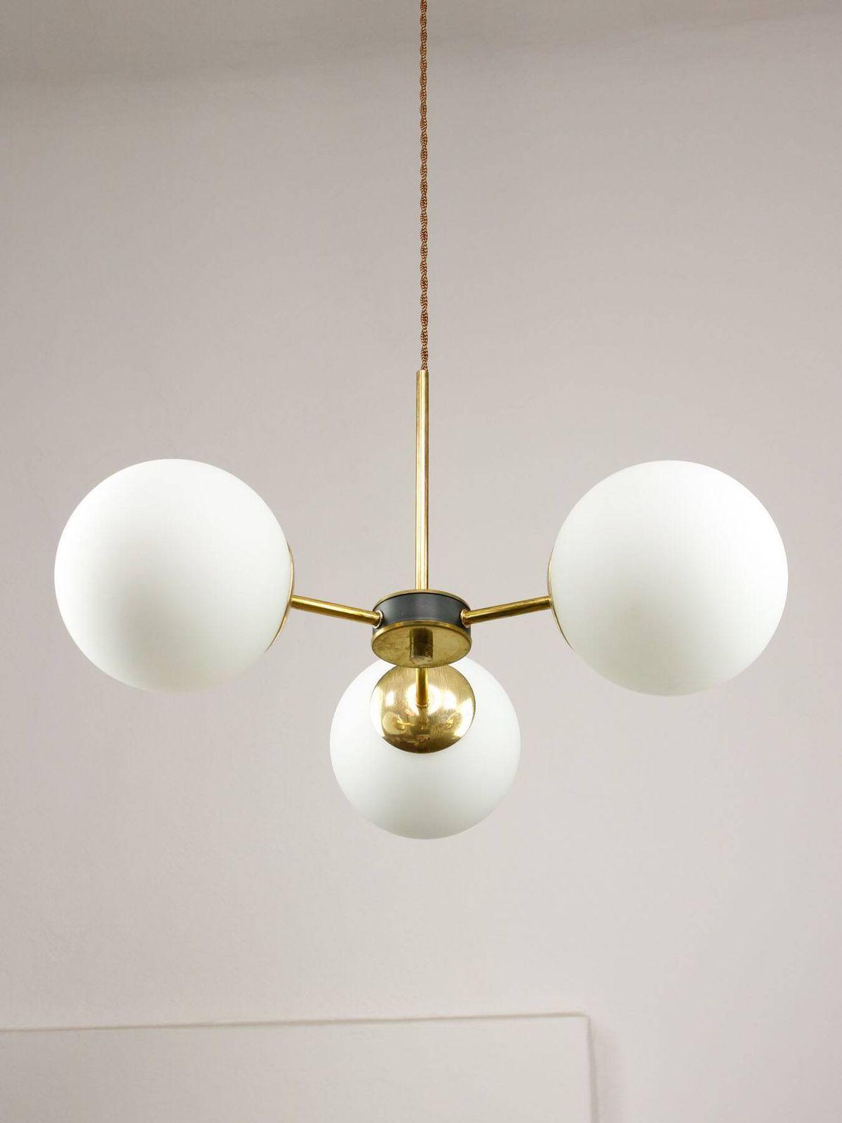 540.0 Mid Century Modern Italian Chandelier In Brass And Opaline Glass, 1960s photo