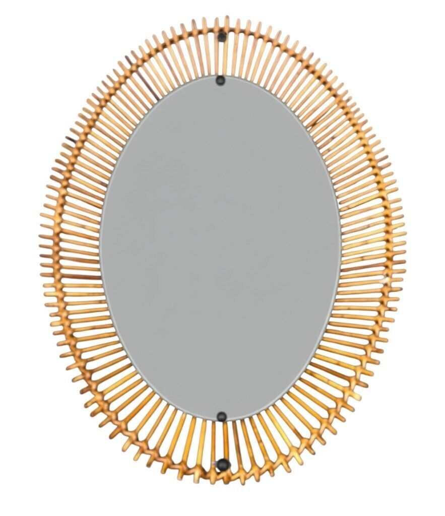 A Large 1960s Bonacina Italian Oval Pencil Reed Bamboo Mirror With Brass Detail photo vintage