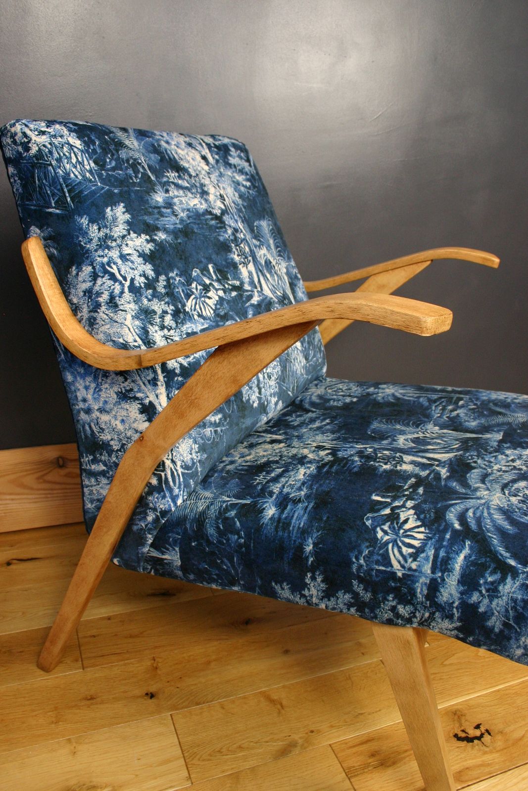 Mid Century Armchair Reupholstered In Linwood Velvet   Sculptural Oak Frame   1950s Modern Design photo for sale