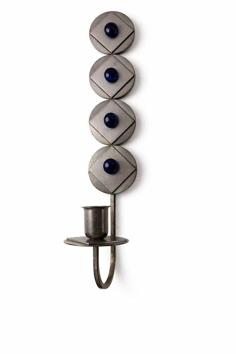 Wall Hanging Rare Scandinavian Brutalist / Industrial Wall Candle Holder With Blue Glass Cabochons – Sweden C.1960