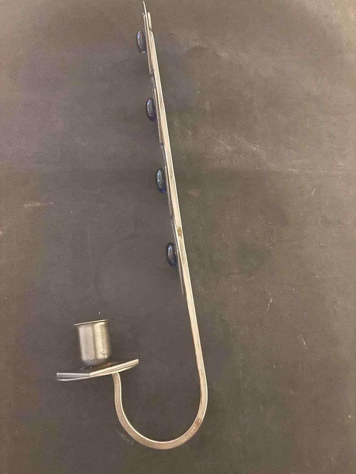 Wall Hanging Rare Scandinavian Brutalist / Industrial Wall Candle Holder With Blue Glass Cabochons – Sweden C.1960 photo for sale
