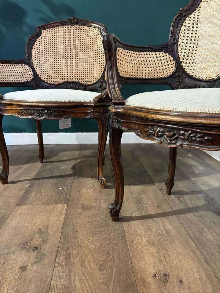 Furniture Pair Of French Louis XV Style Walnut Bergere Elbow Chairs photo