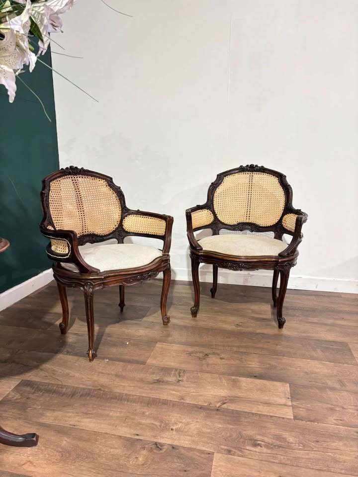 Pair Of French Louis XV Style Walnut Bergere Elbow Chairs