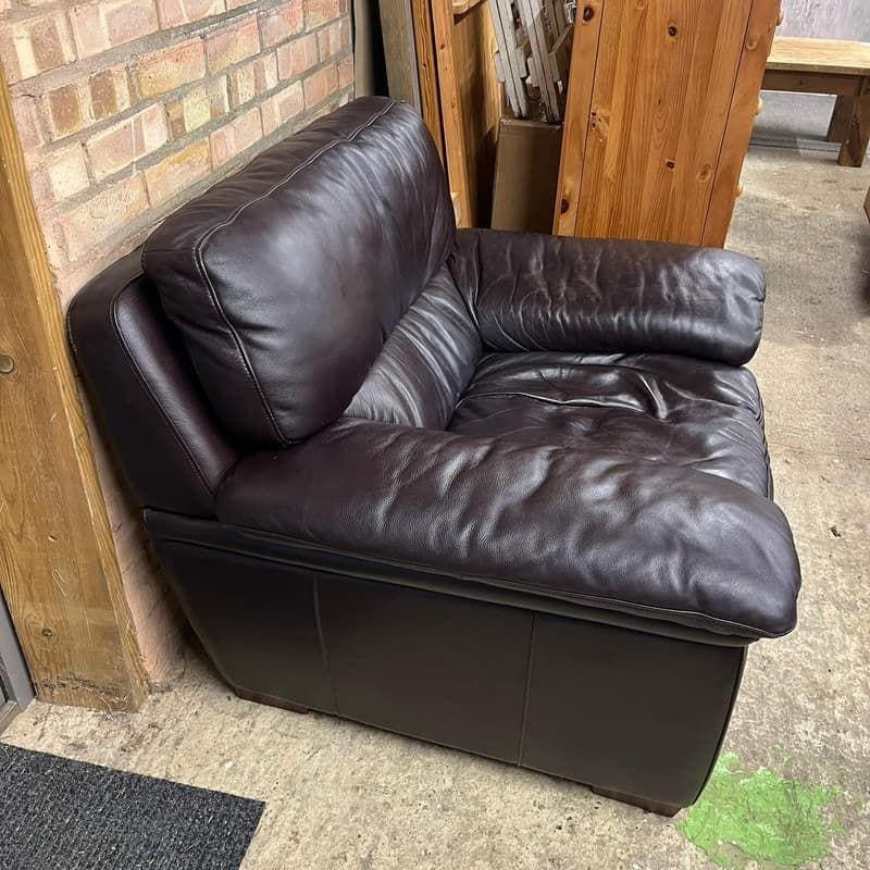 Pair Matching Large Leather Armchairs Dark Chocolate Colour Wide Arms Preloved photo furniture