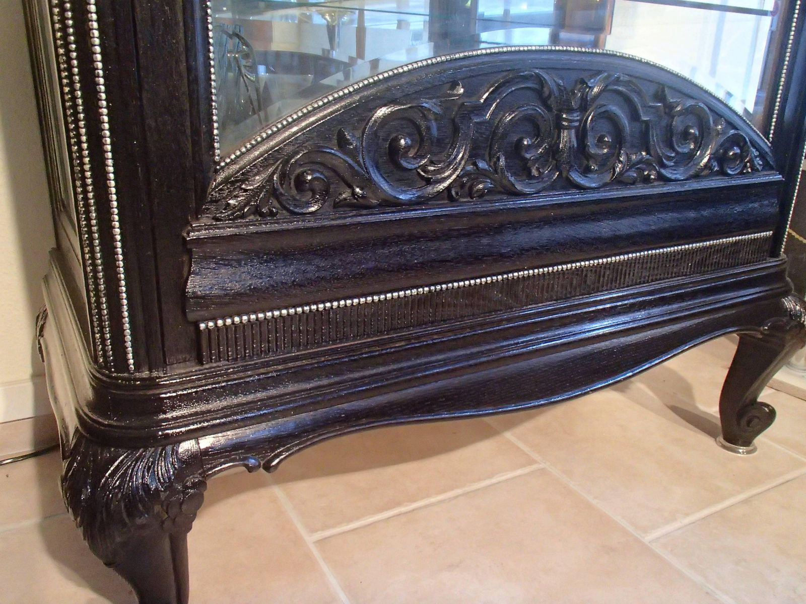 1880s Black Oak Cabinet With Carved Ornaments Original Silver Chrome Mirror photo furniture