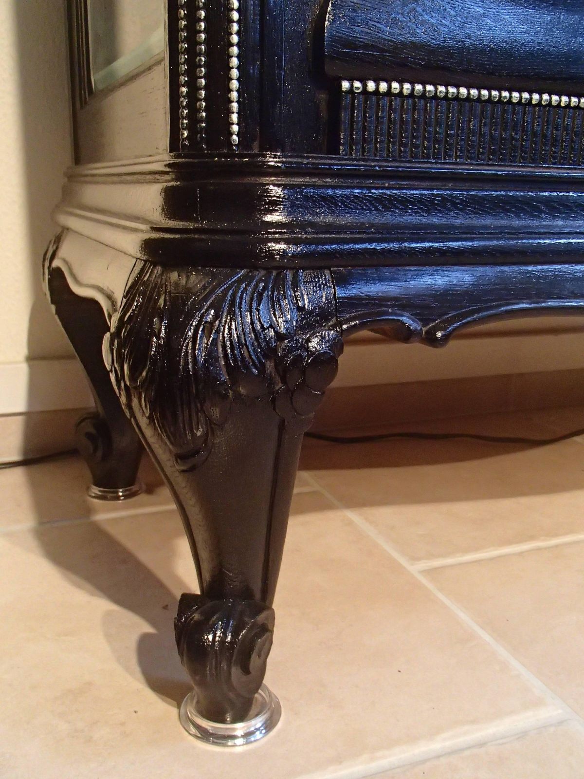 1880s Black Oak Cabinet With Carved Ornaments Original Silver Chrome Mirror photo vinterior