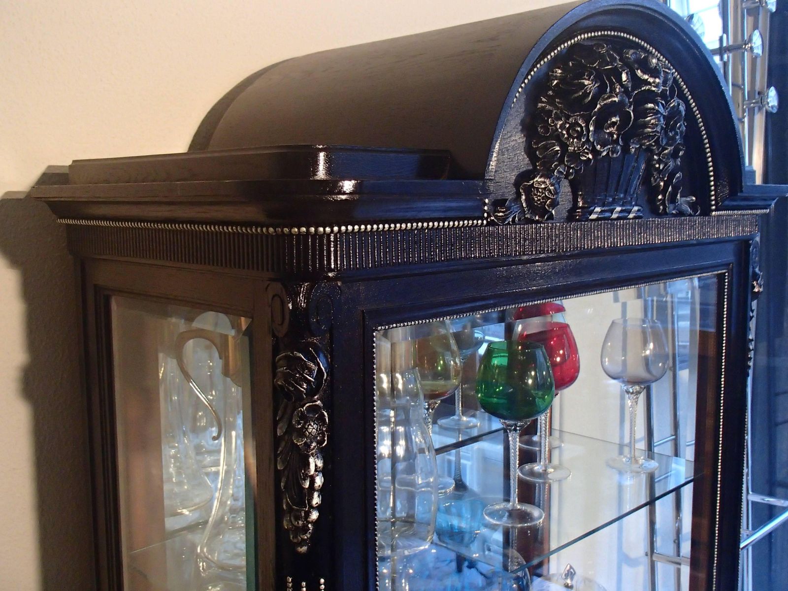 1880s Black Oak Cabinet With Carved Ornaments Original Silver Chrome Mirror photo buy