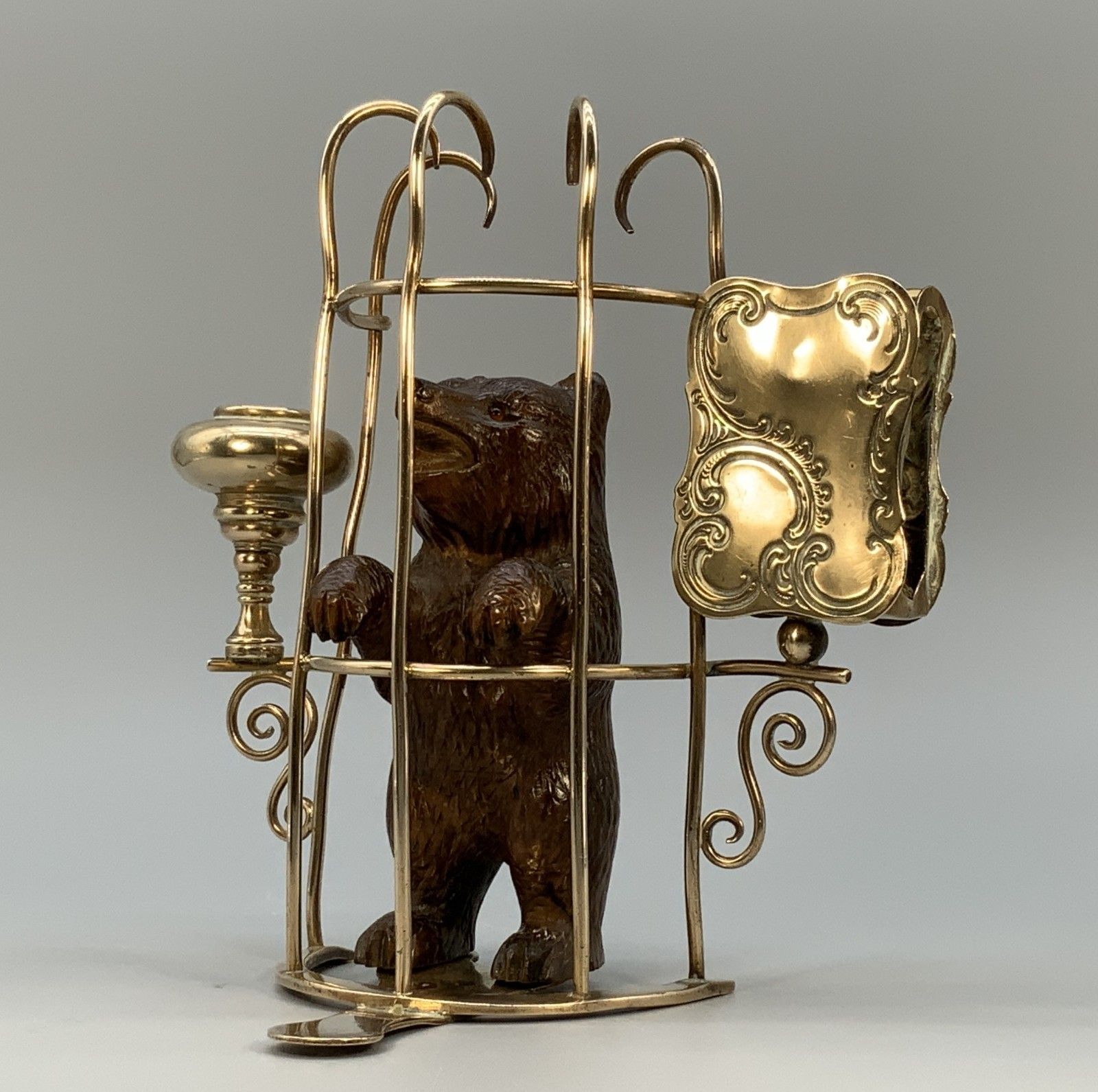 Rare 19thc Carved Black Forest Bear Novelty Desk Top Candle + Matchstick Holder photo for sale