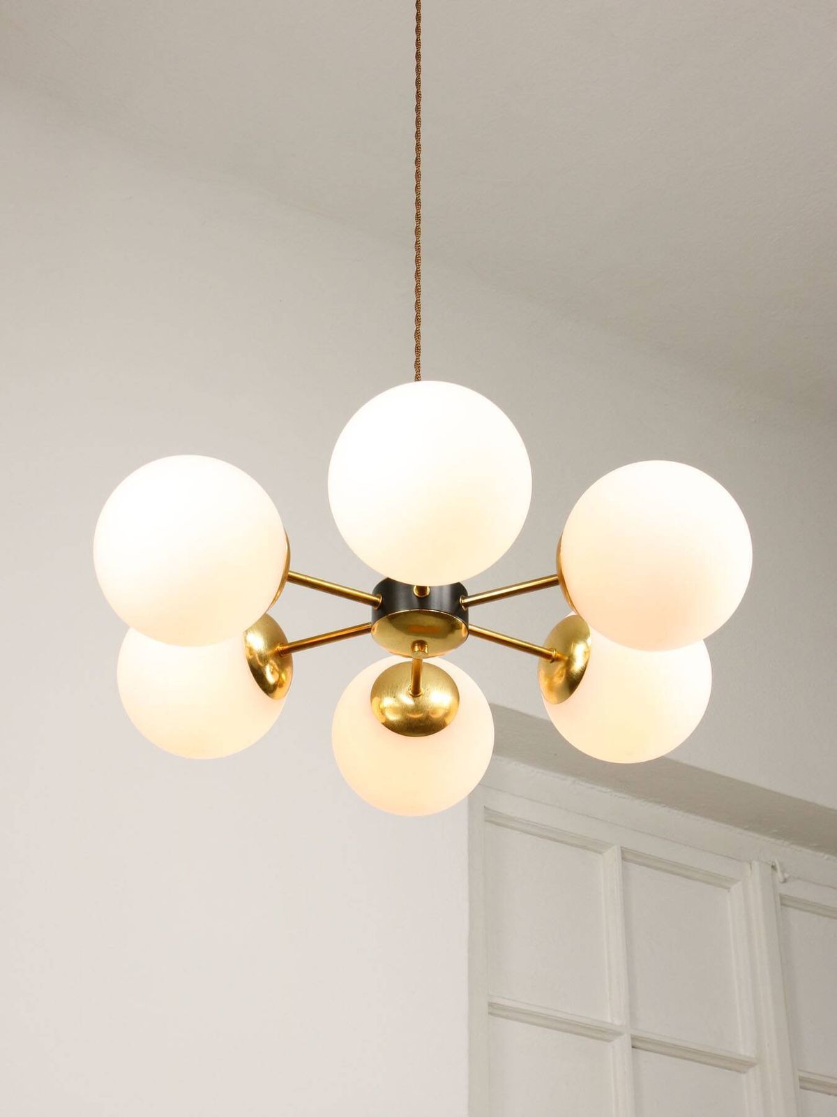 Sputnik 6 Arm Chandelier In Mid Century Modern Italian Style With Opaline Shades, 19 photo vinterior