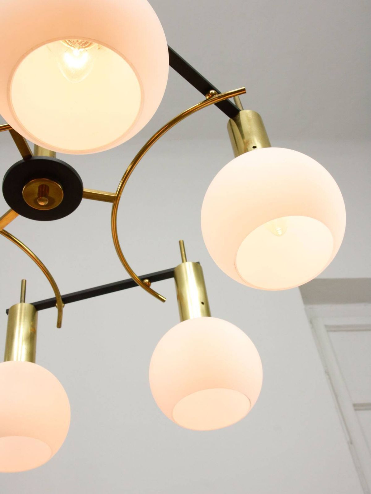 Mid Century Modern Italian Brass And Opaline Chandelier photo for sale