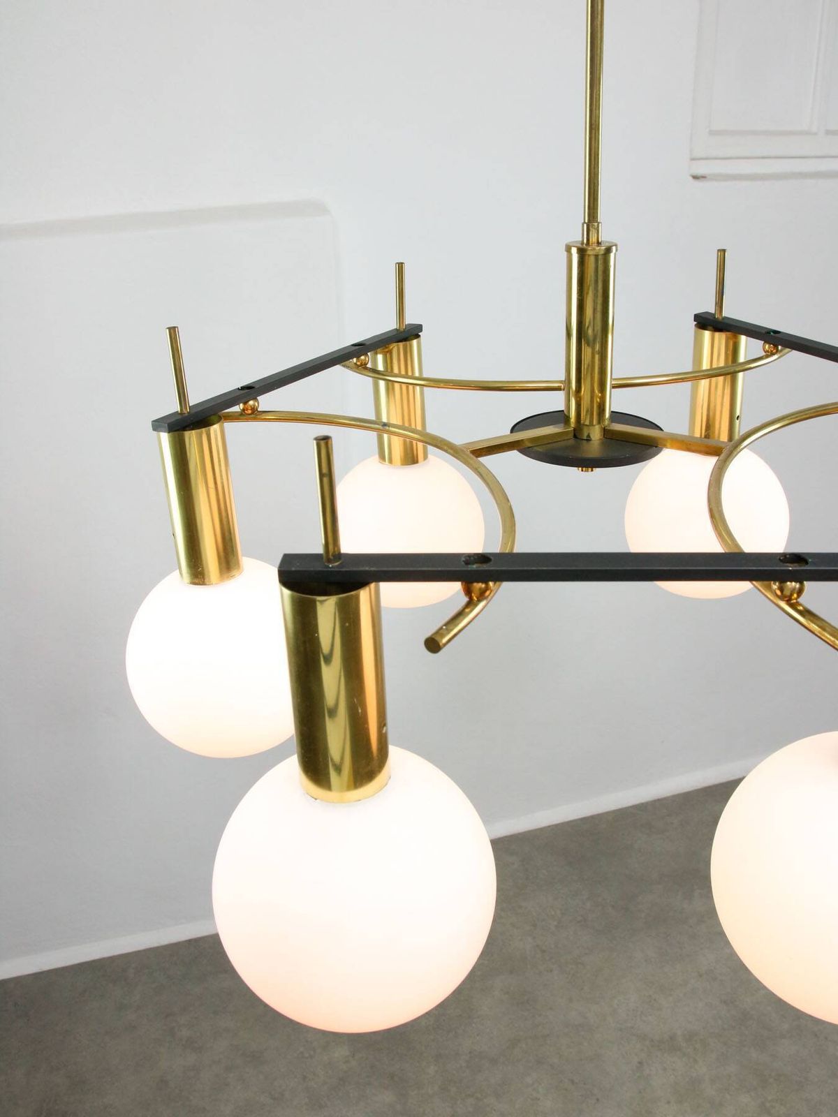 photo for sale Mid Century Modern Italian Brass And Opaline Chandelier
