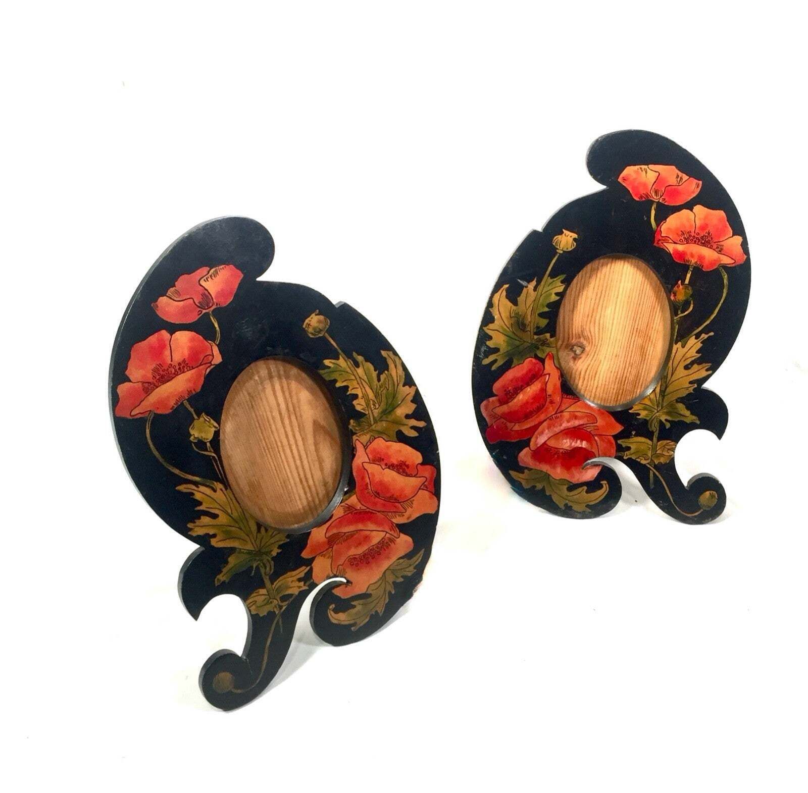 Antique Pair Of Matching Wooden Hand Painted Photo Frames / Poppy Design C1900 photo vinterior