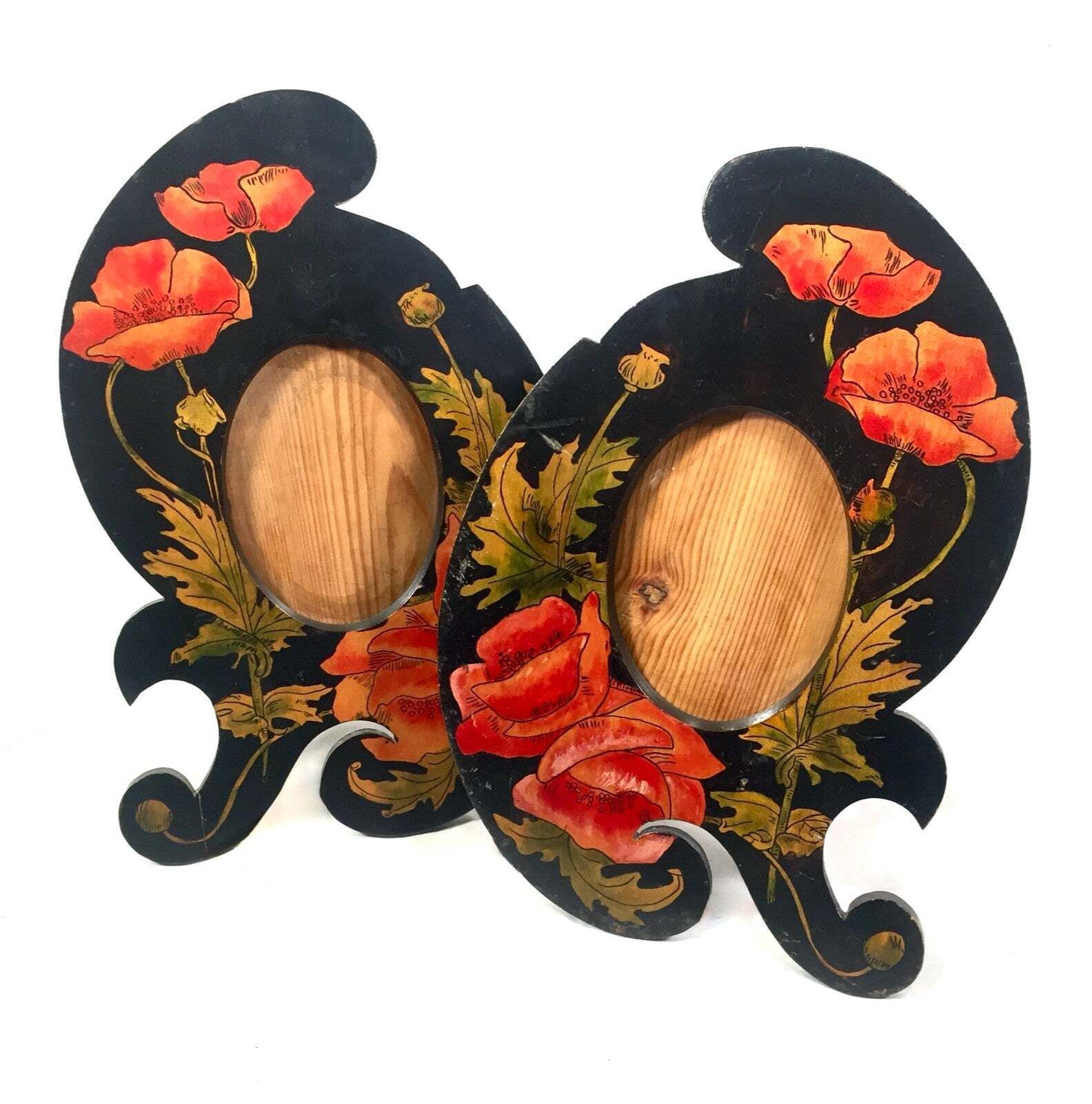 photo furniture Antique Pair Of Matching Wooden Hand Painted Photo Frames / Poppy Design C1900