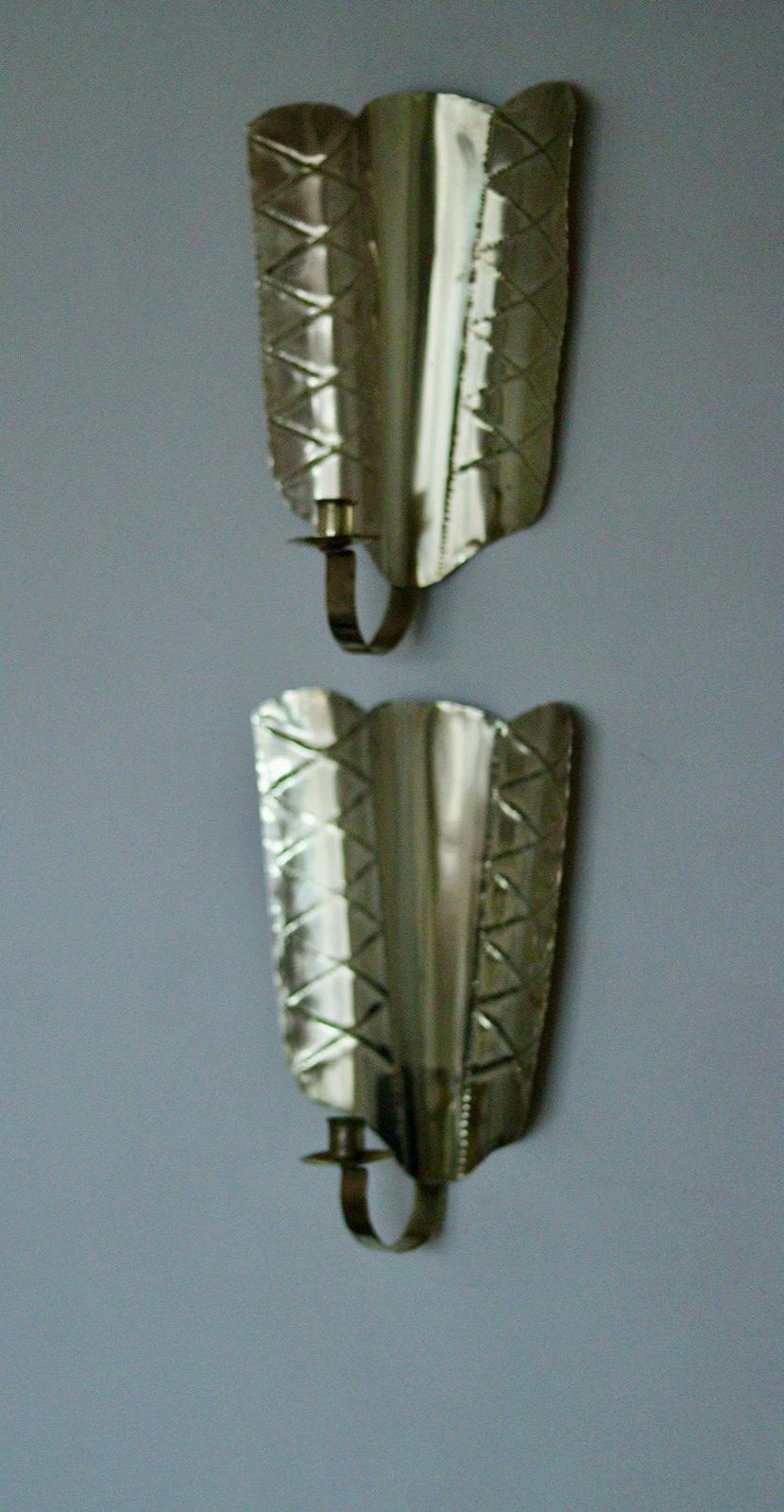 Pair Of Mid Century Swedish Brass Shield Shape Sconces photo 305.0