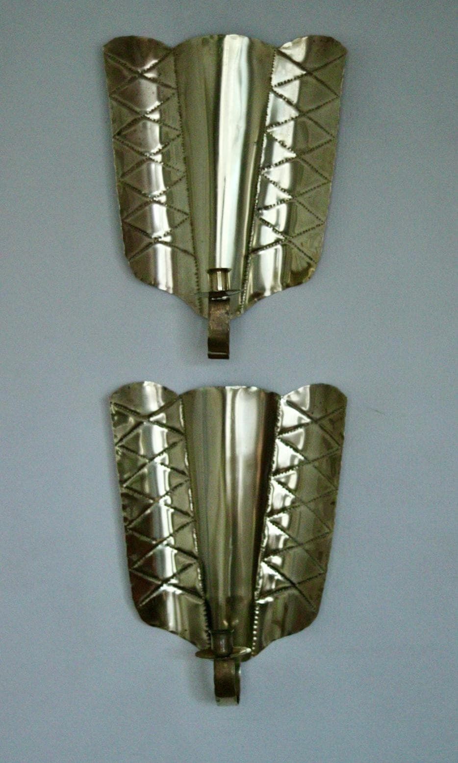 Pair Of Mid Century Swedish Brass Shield Shape Sconces photo buy