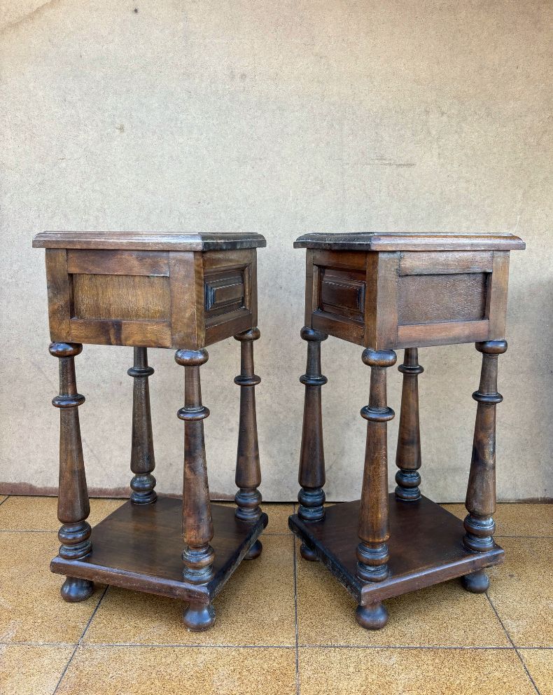 Pair Of Spanish Baroque Revival Oak Pedestal Side Tables With Drawers, Circa 1920 photo vinterior