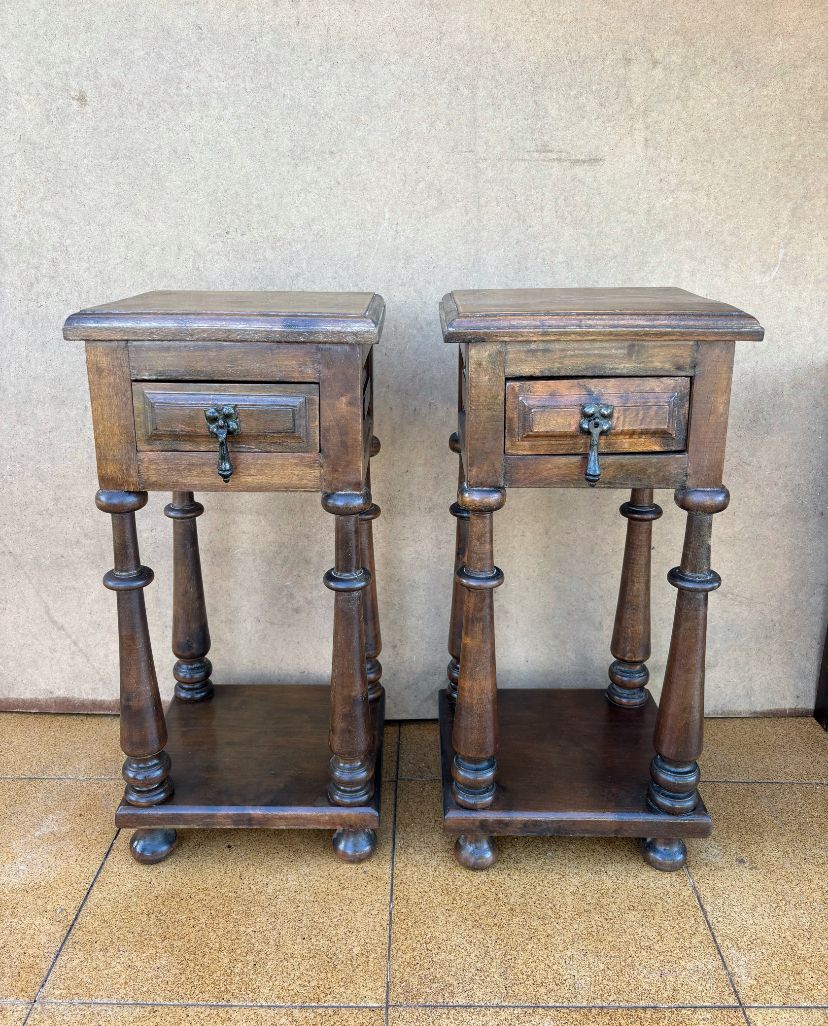Furniture Pair Of Spanish Baroque Revival Oak Pedestal Side Tables With Drawers, Circa 1920 photo