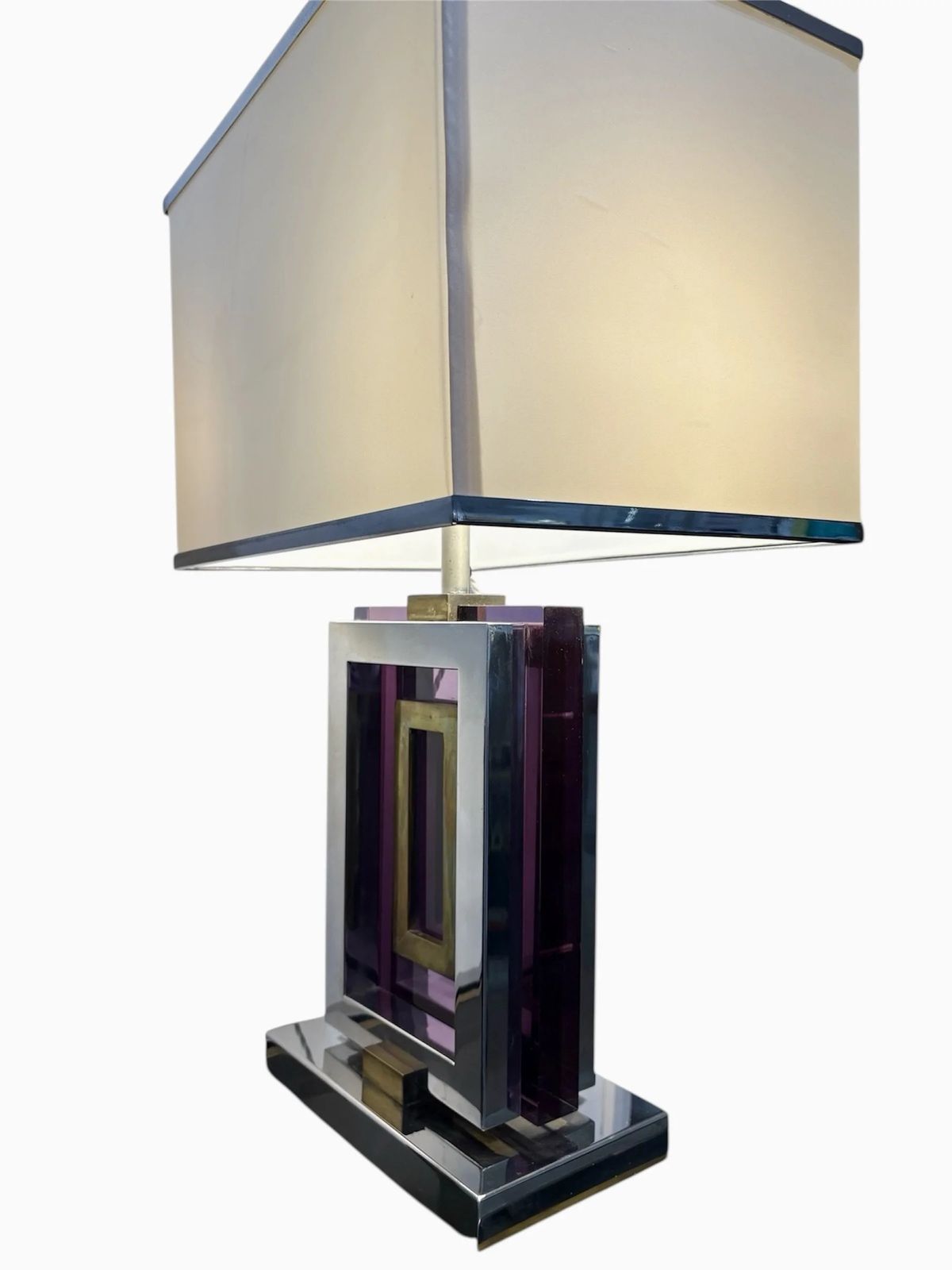 Superb Lamp, Signed By Romeo Rega, Italy C 1970. Perspex Brass And Chrome With Original Shade photo for sale