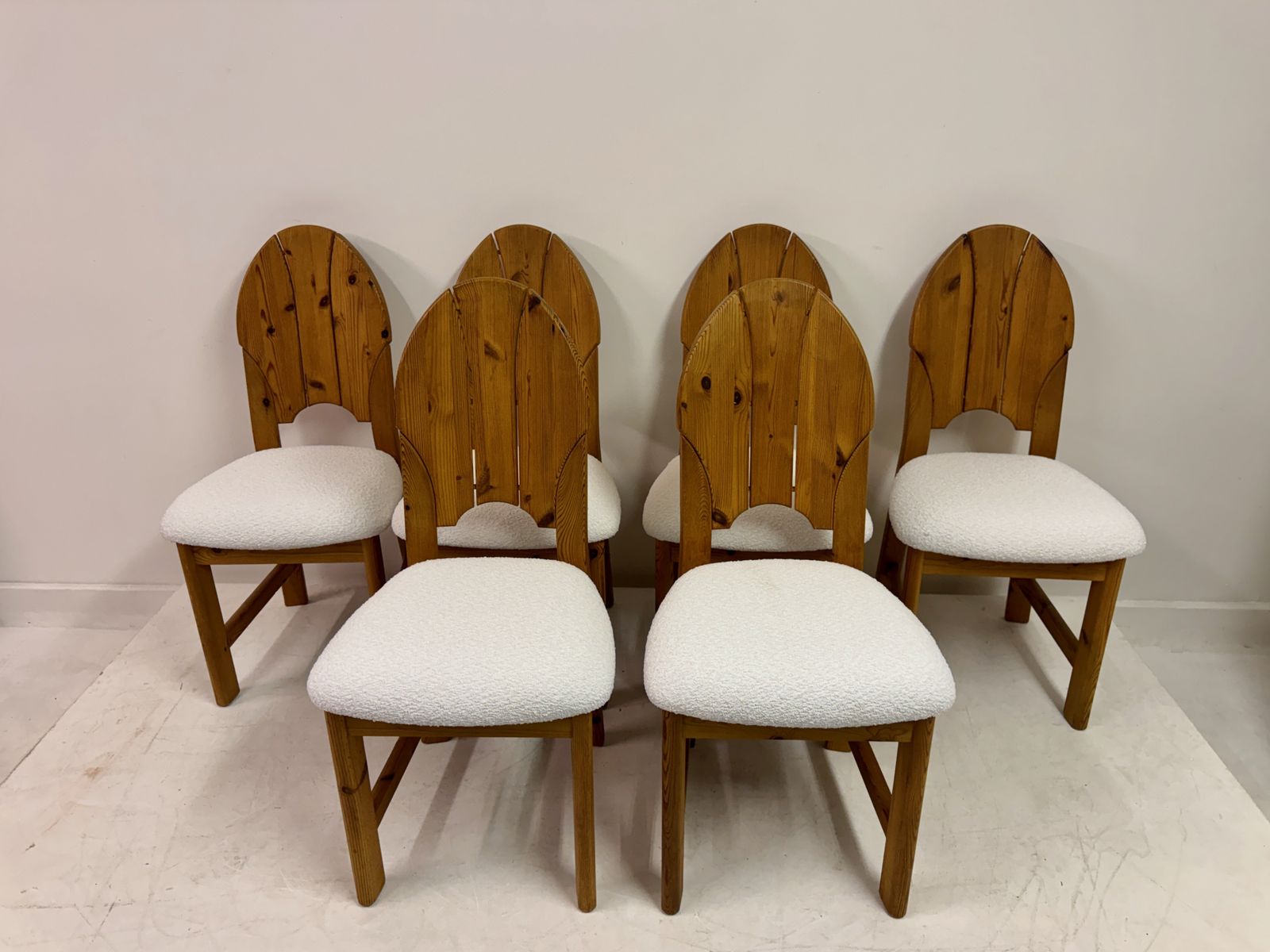 Set Of Six Pine And Boucle Scandianavian Dining Chairs photo buy