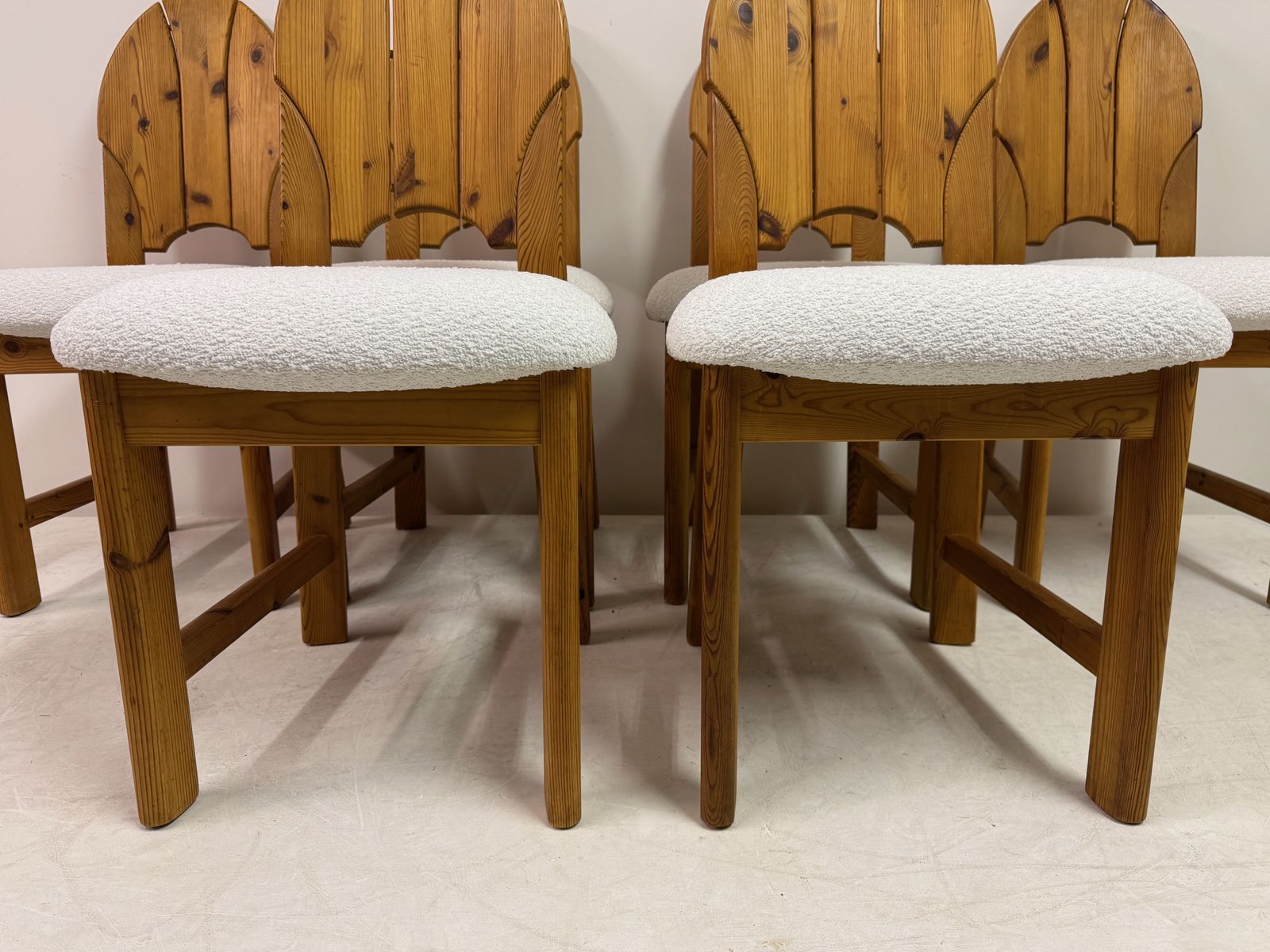 Furniture Set Of Six Pine And Boucle Scandianavian Dining Chairs photo